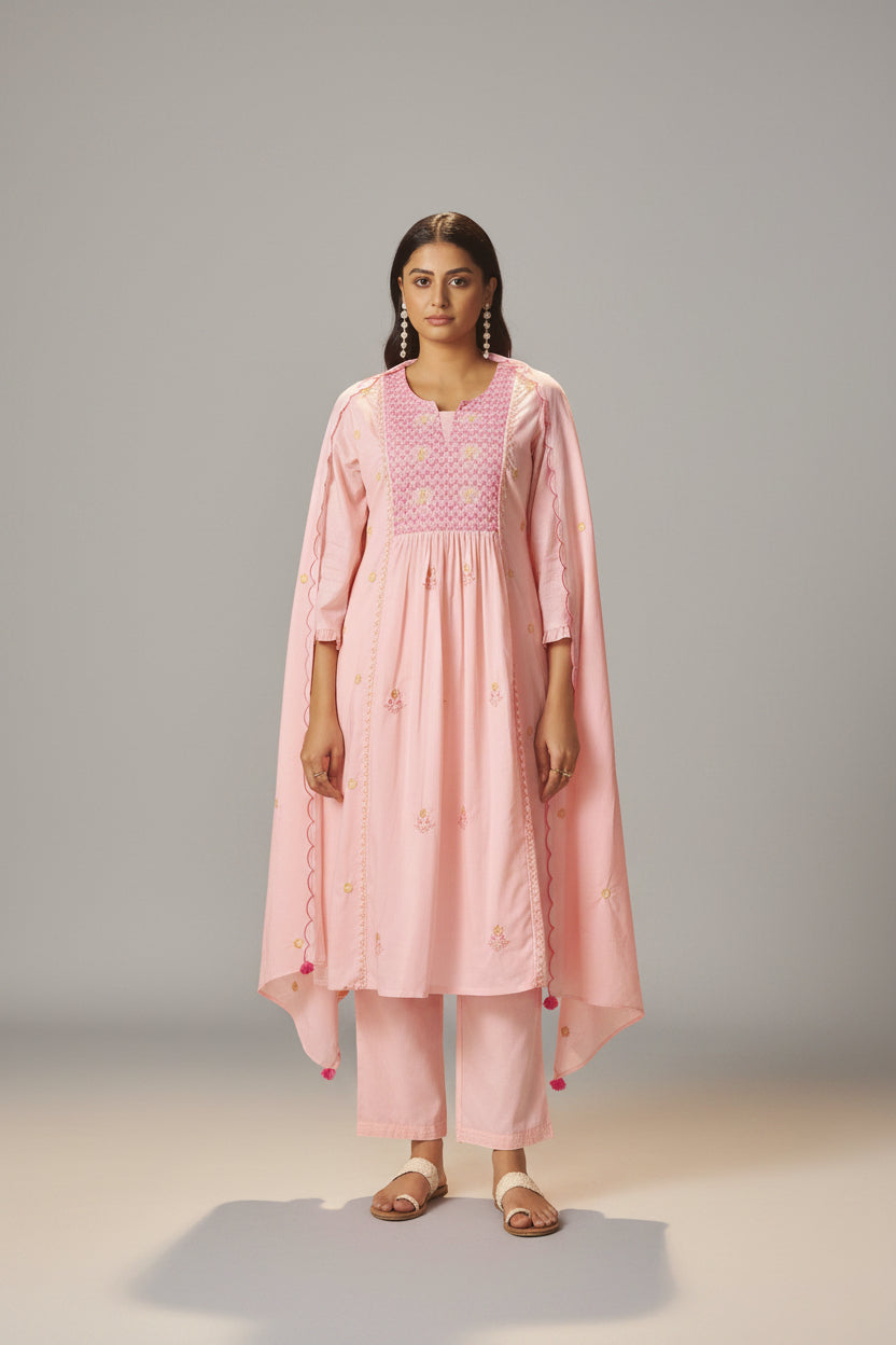 Powder Pink A-Line Pure Cotton Embroidery Kurta Set