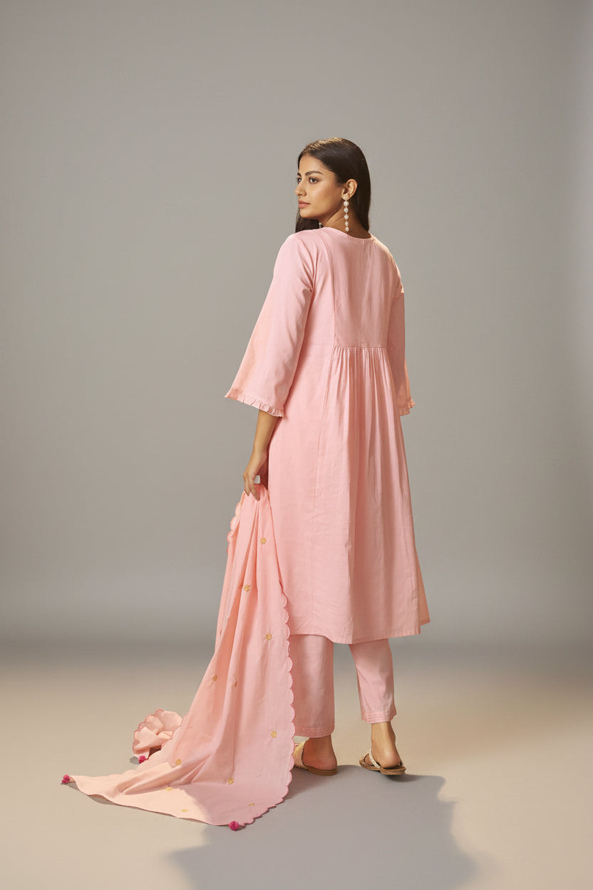 Powder Pink A-Line Pure Cotton Embroidery Kurta Set