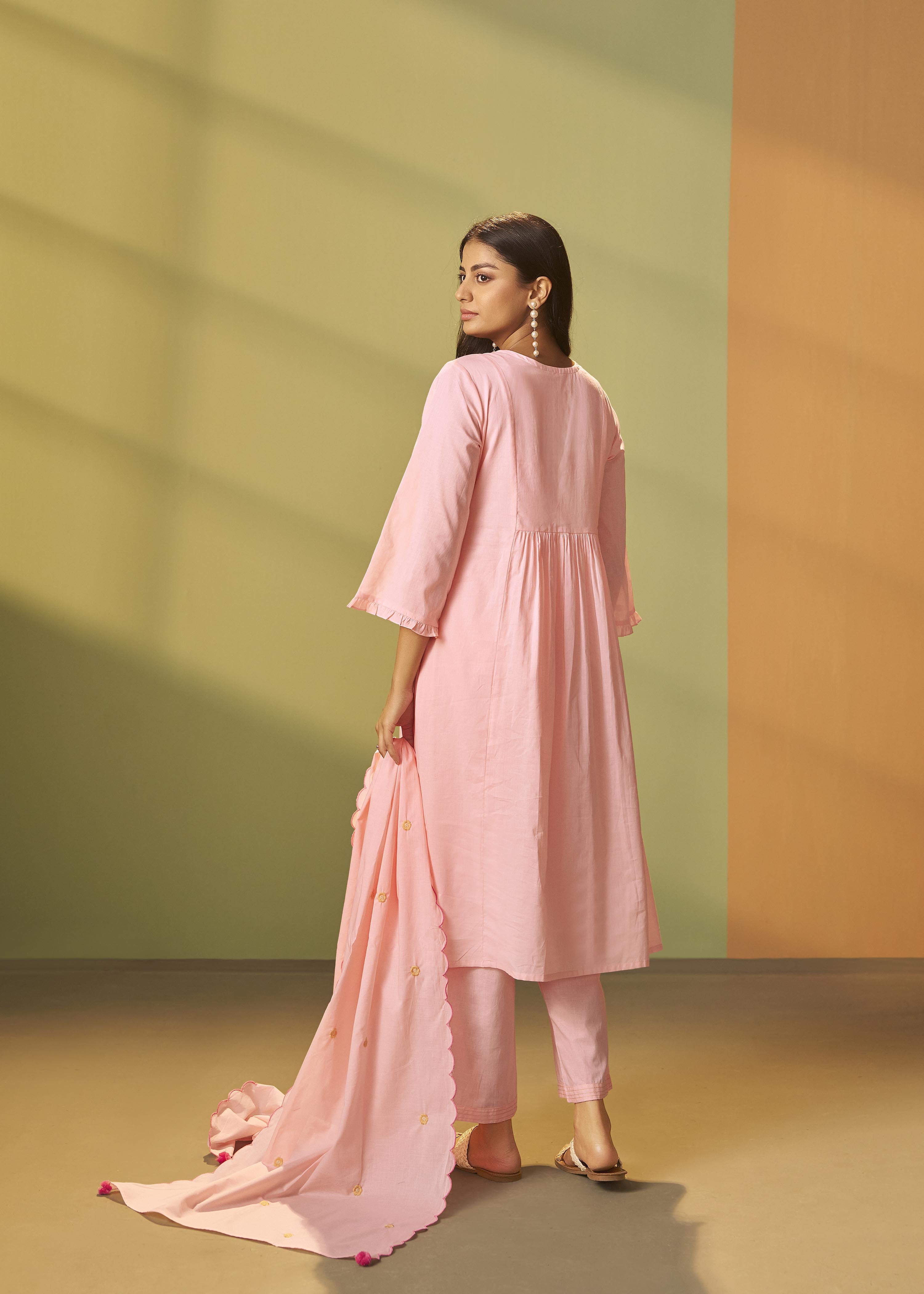 Powder Pink A-Line Pure Cotton Embroidery Kurta Set