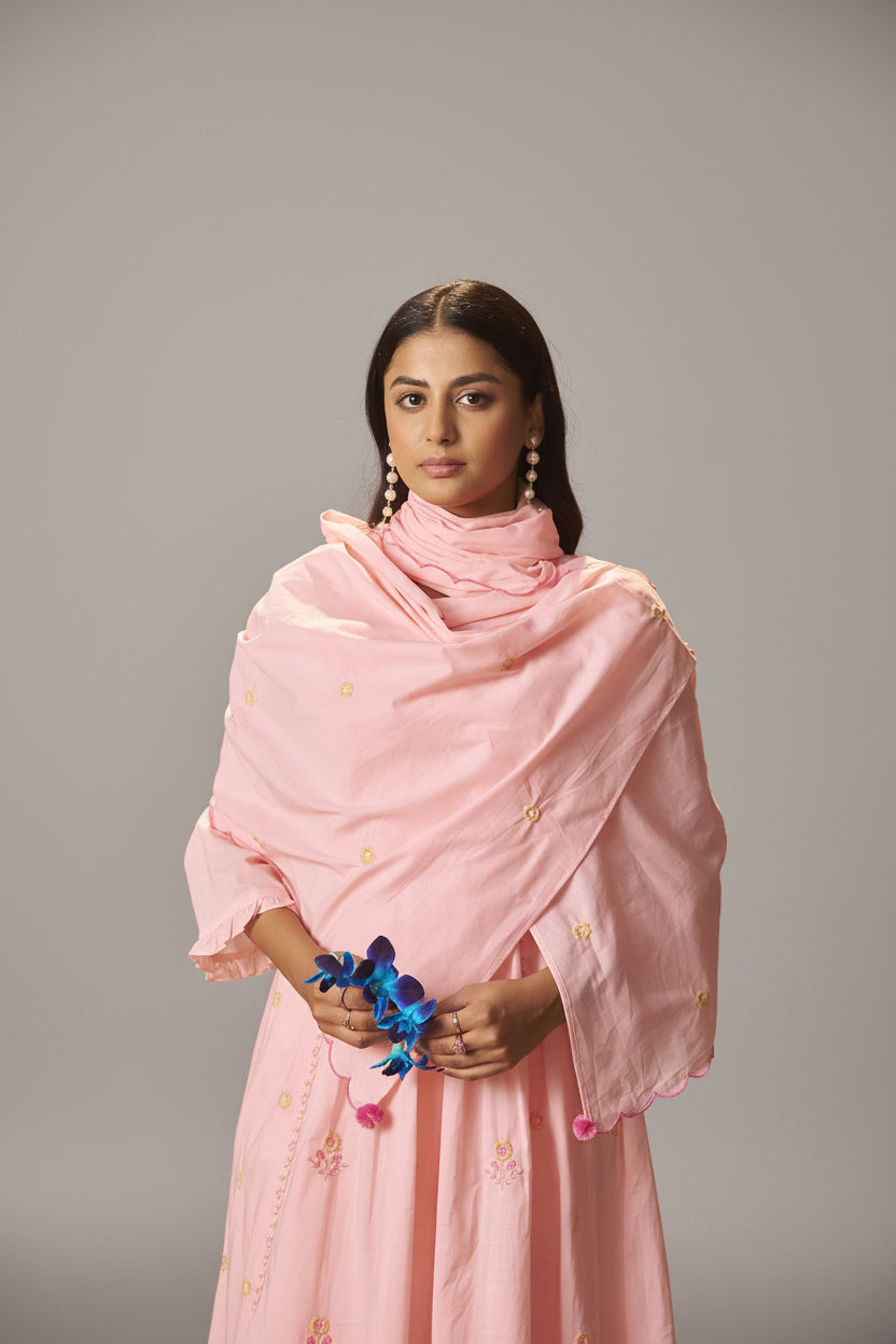 Powder Pink A-Line Pure Cotton Embroidery Kurta Set
