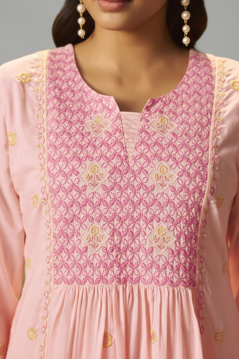 Powder Pink A-Line Pure Cotton Embroidery Kurta Set