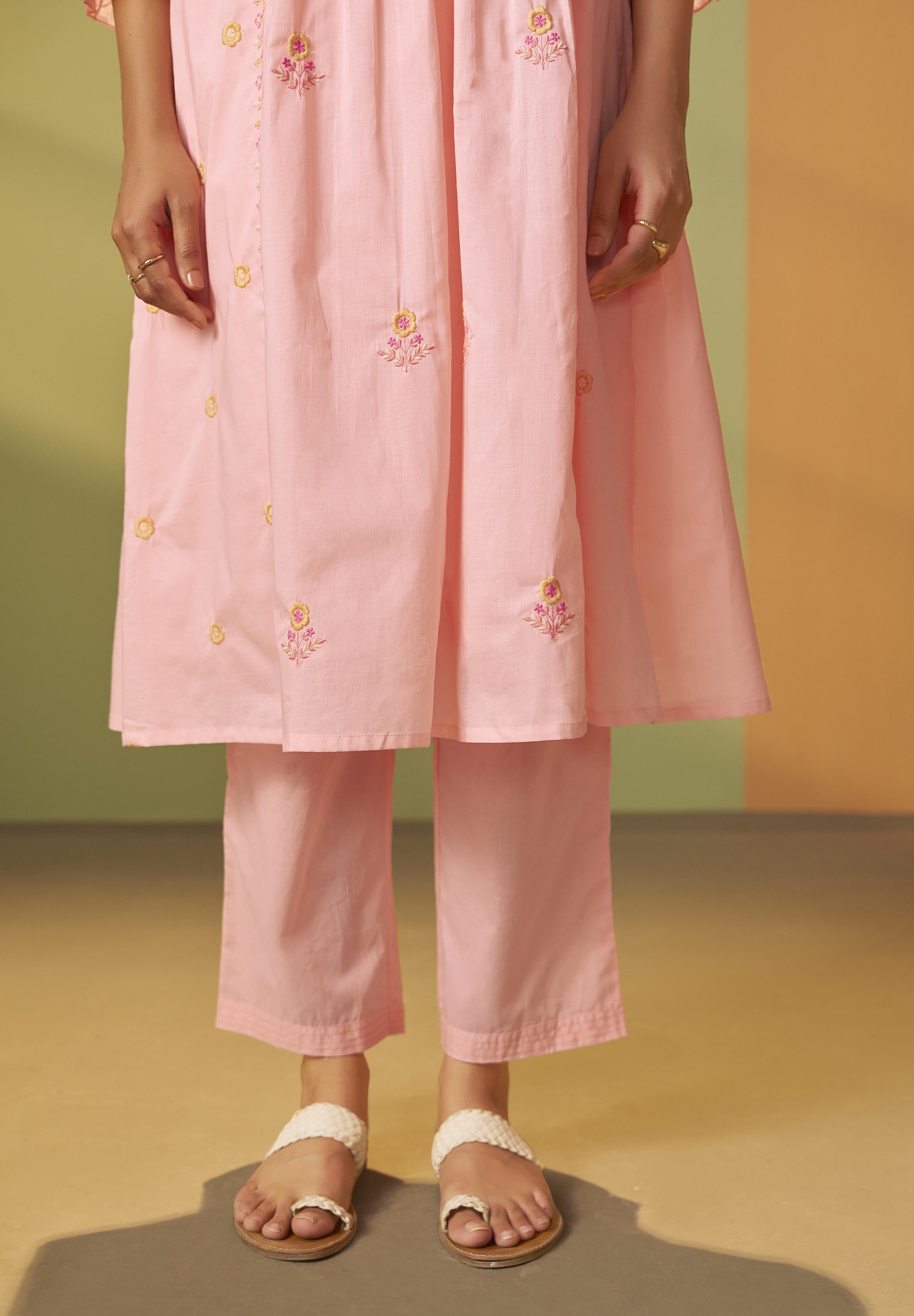 Powder Pink A-Line Pure Cotton Embroidery Kurta Set