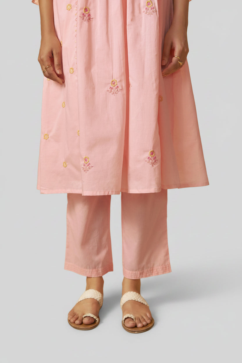 Powder Pink A-Line Pure Cotton Embroidery Kurta Set