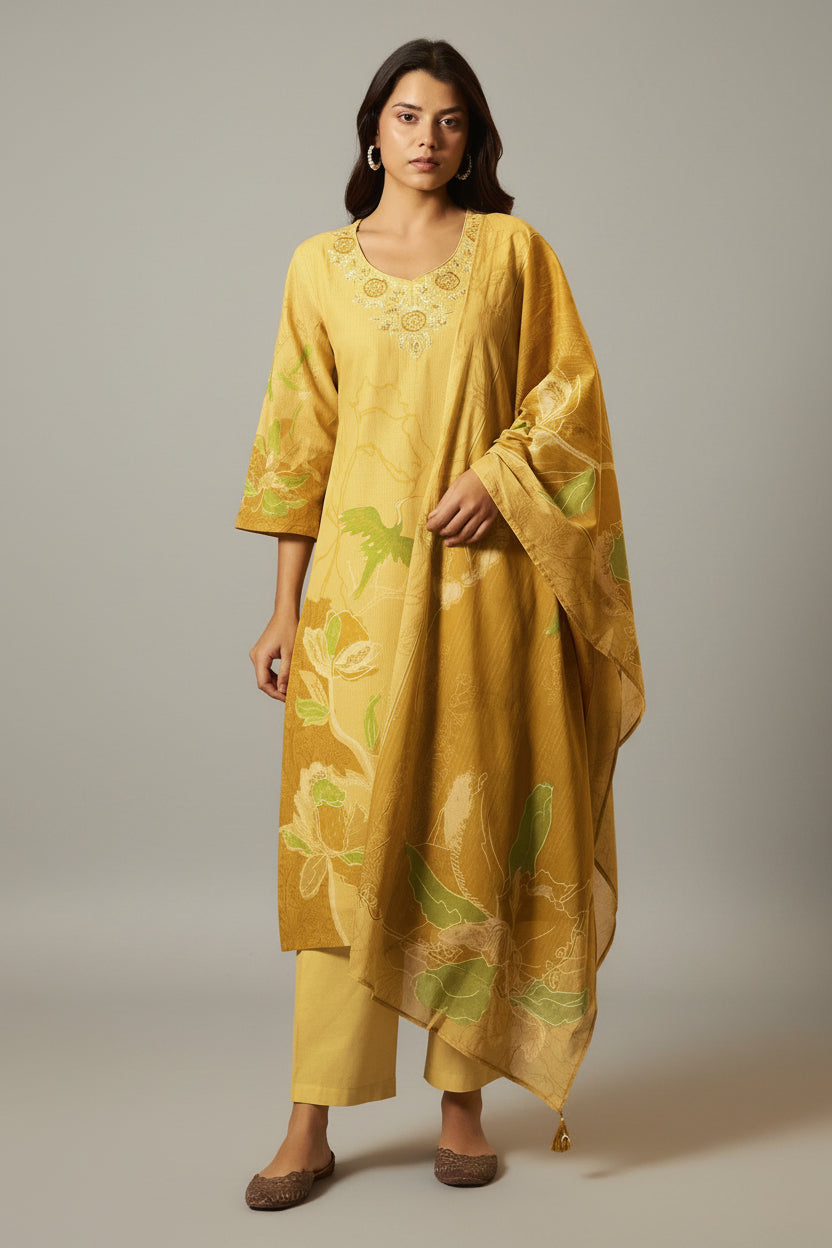 Saffron Yellow Cotton Linen Digital Print Kurta Set