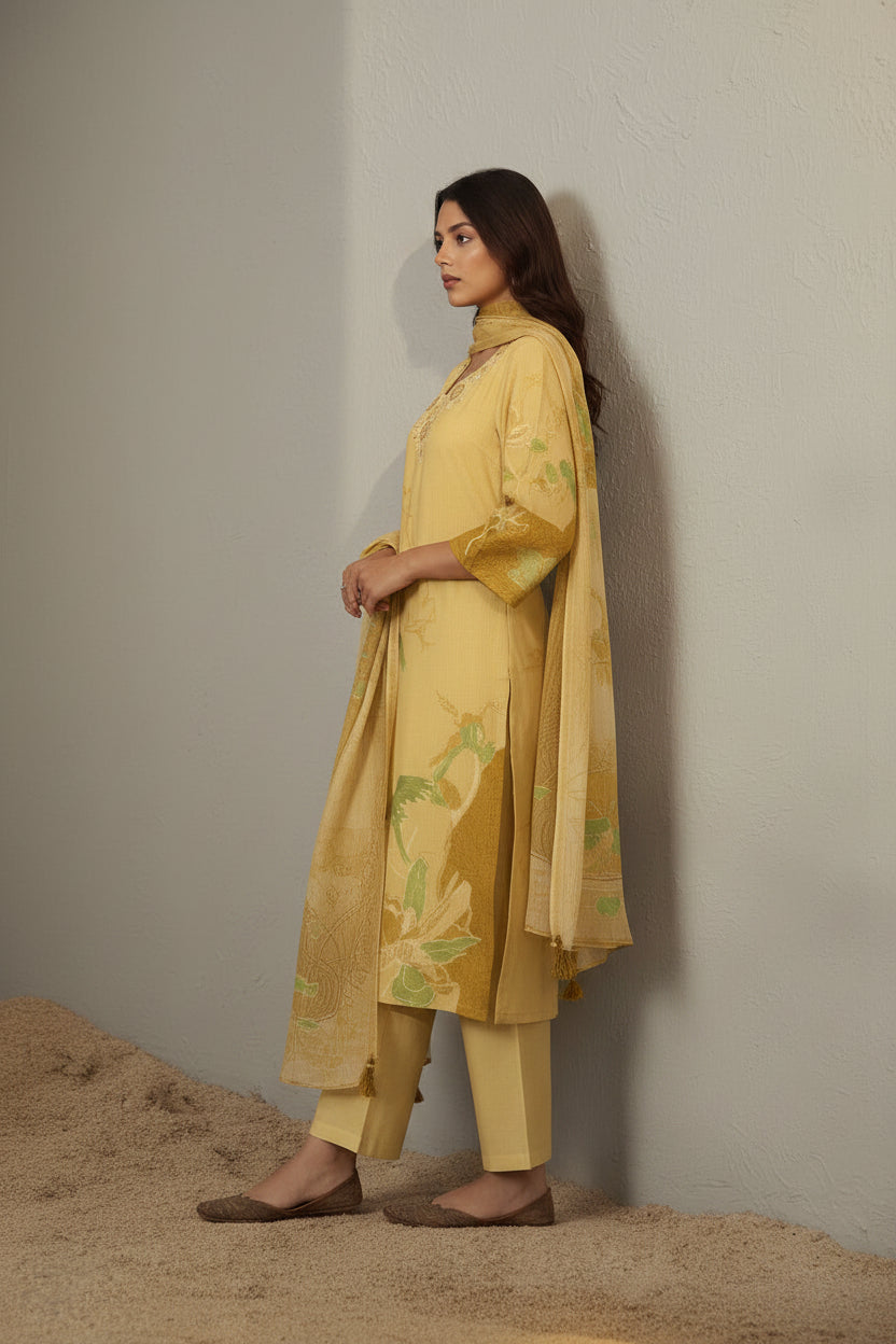 Saffron Yellow Cotton Linen Digital Print Kurta Set