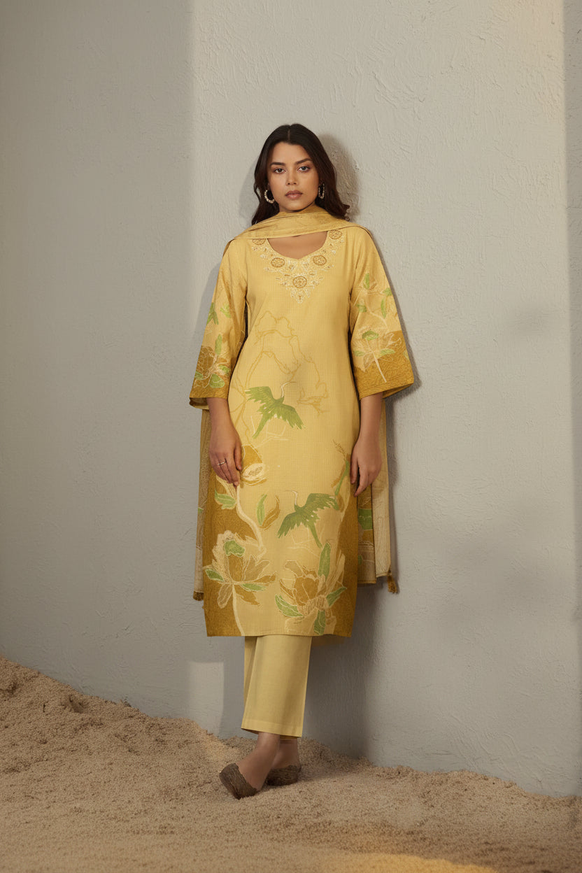 Saffron Yellow Cotton Linen Digital Print Kurta Set