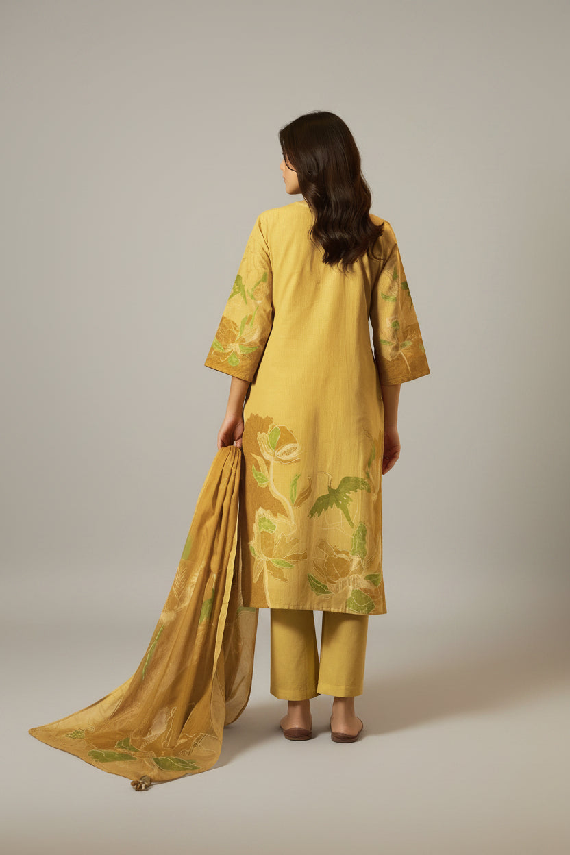 Saffron Yellow Cotton Linen Digital Print Kurta Set