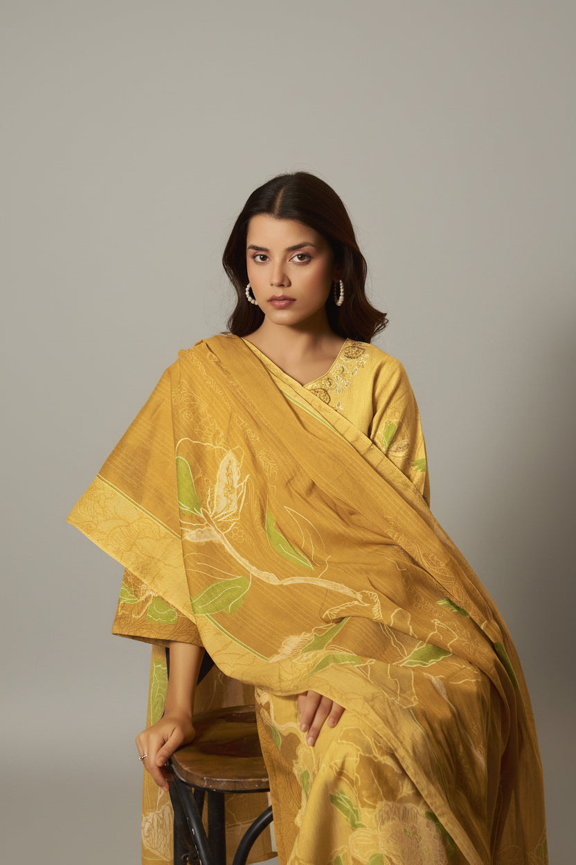 Saffron Yellow Cotton Linen Digital Print Kurta Set