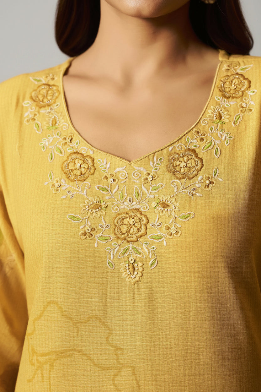Saffron Yellow Cotton Linen Digital Print Kurta Set