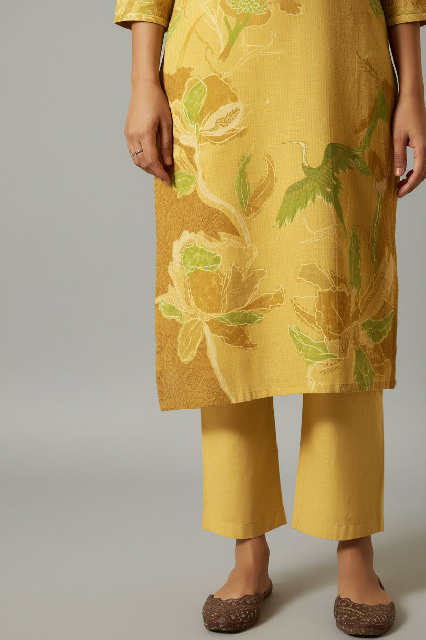 Saffron Yellow Cotton Linen Digital Print Kurta Set
