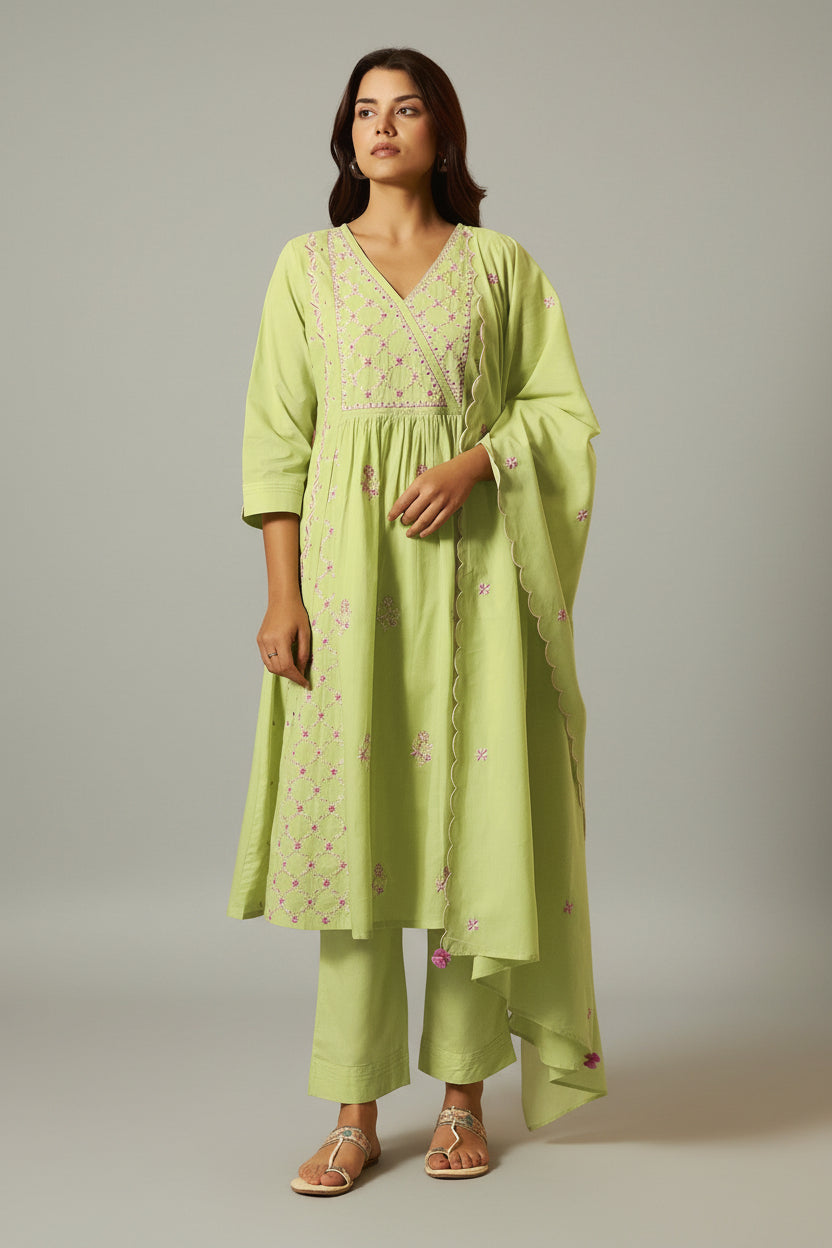 Lime Green A-Line Pure Cotton Embroidery Kurta Set