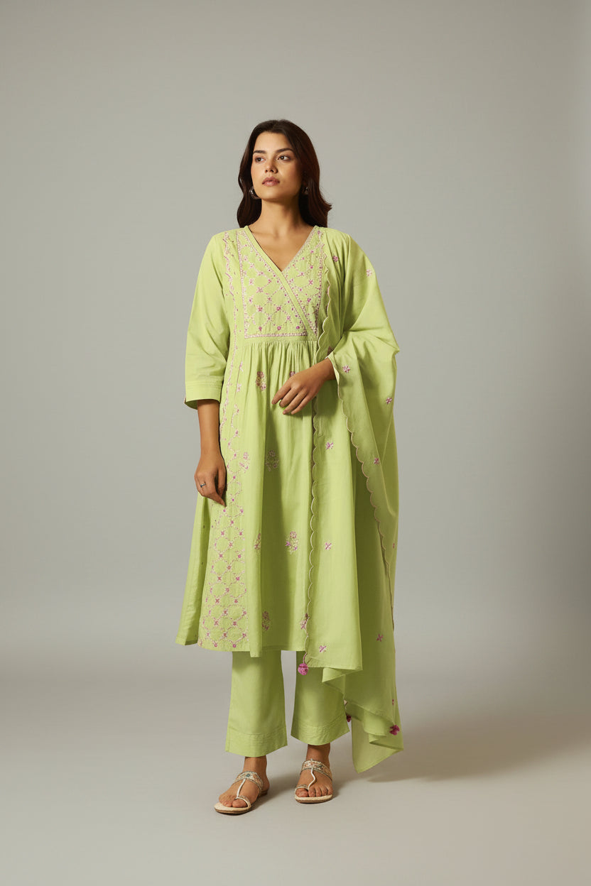 Lime Green A-Line Pure Cotton Embroidery Kurta Set