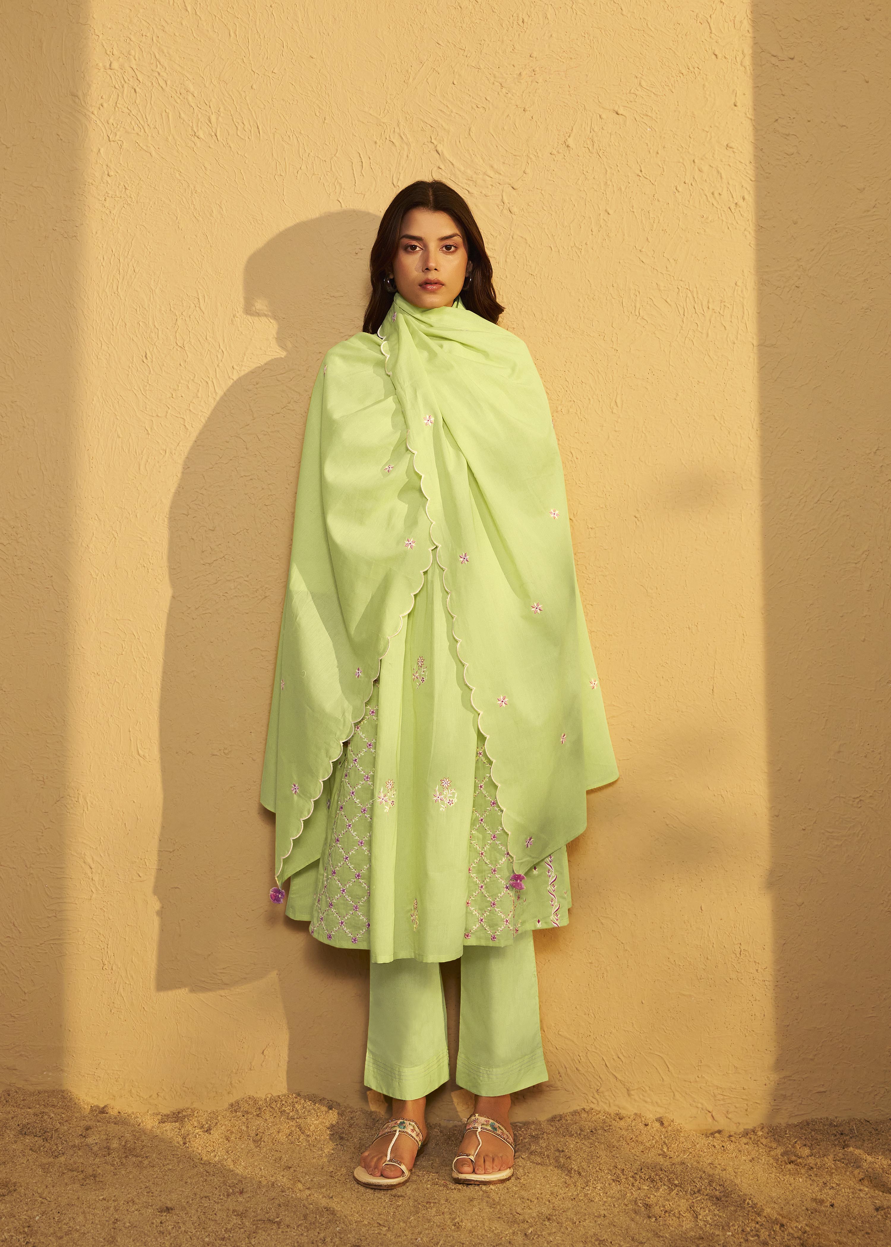 Lime Green A-Line Pure Cotton Embroidery Kurta Set