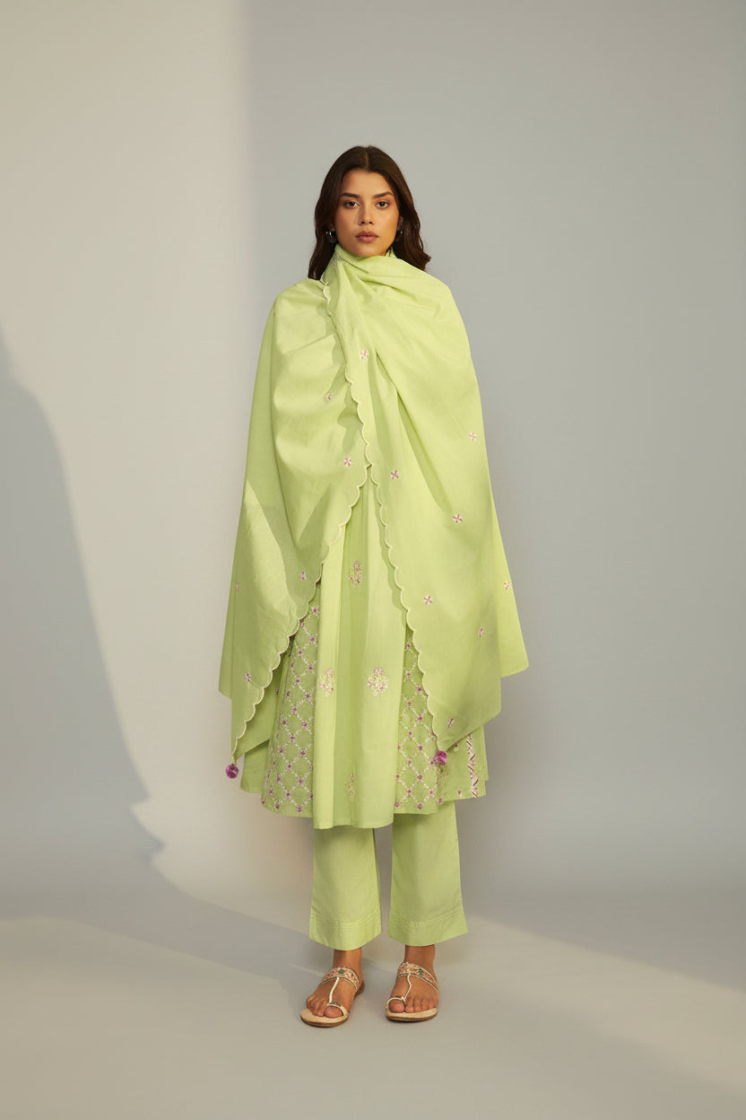 Lime Green A-Line Pure Cotton Embroidery Kurta Set