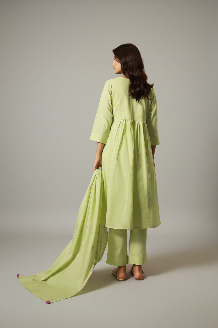 Lime Green A-Line Pure Cotton Embroidery Kurta Set