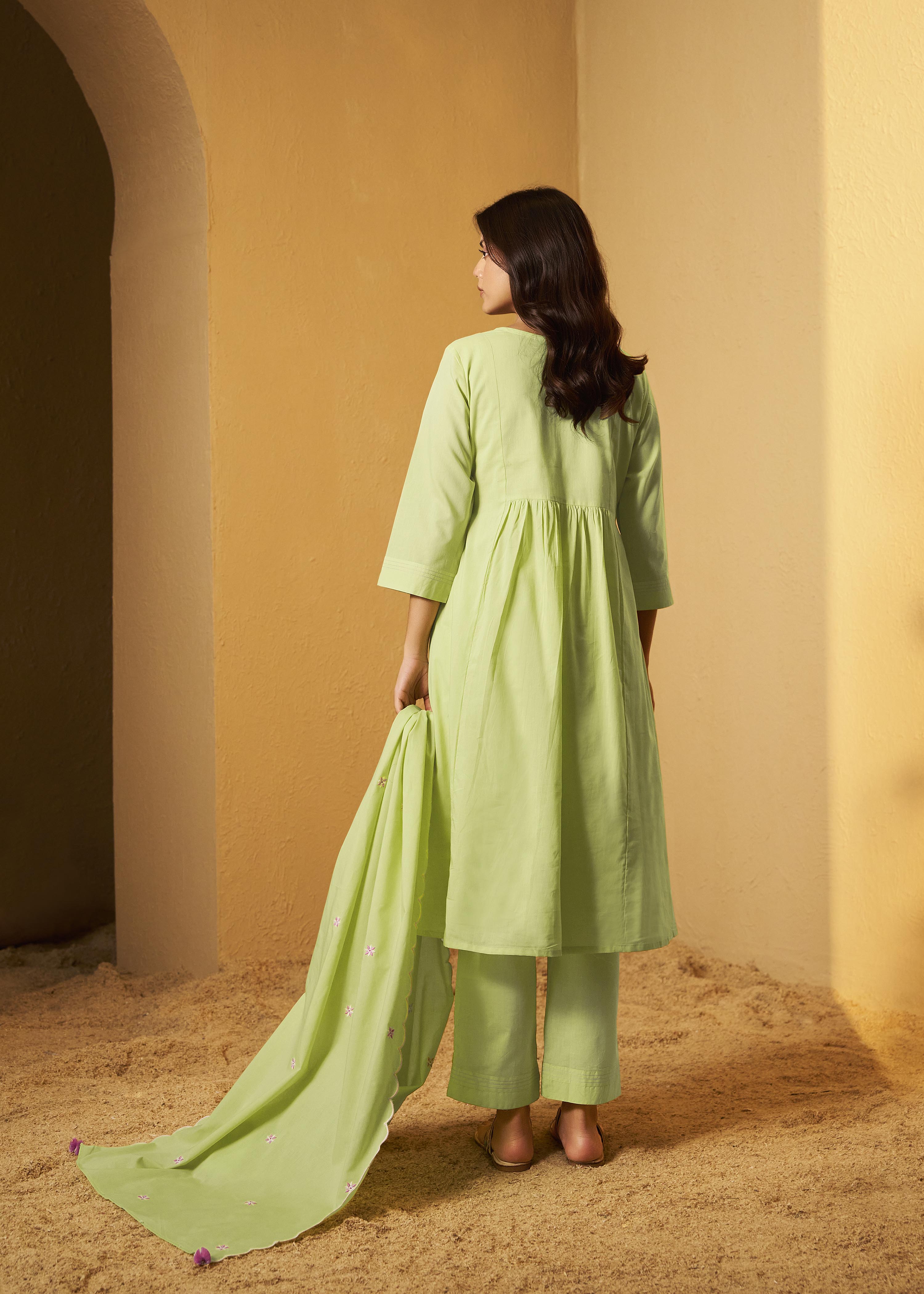 Lime Green A-Line Pure Cotton Embroidery Kurta Set
