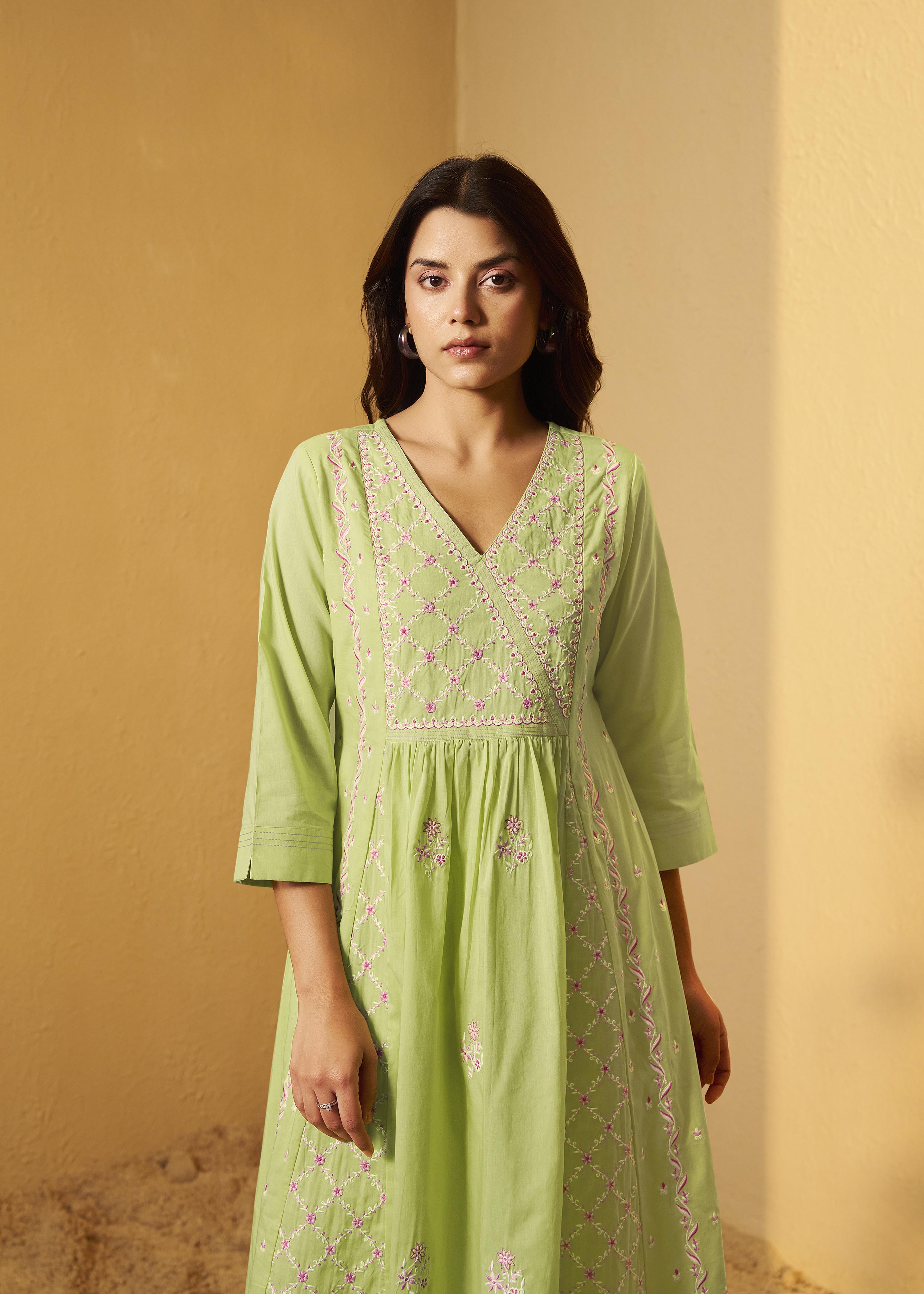 Lime Green A-Line Pure Cotton Embroidery Kurta Set
