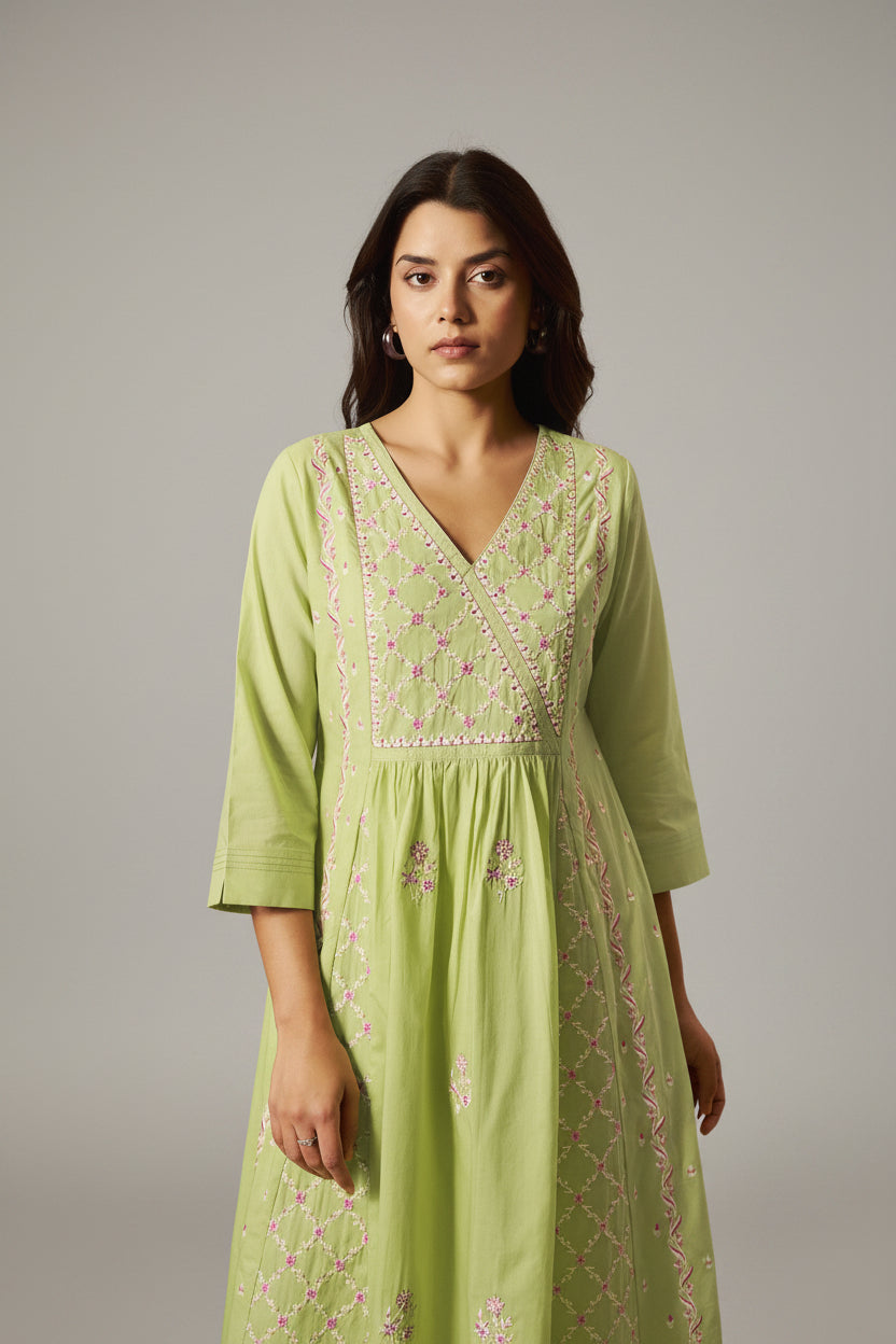 Lime Green A-Line Pure Cotton Embroidery Kurta Set