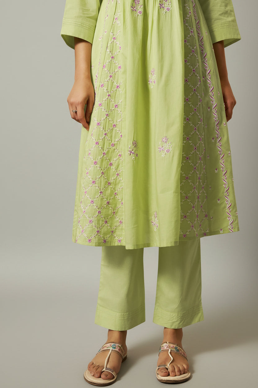 Lime Green A-Line Pure Cotton Embroidery Kurta Set