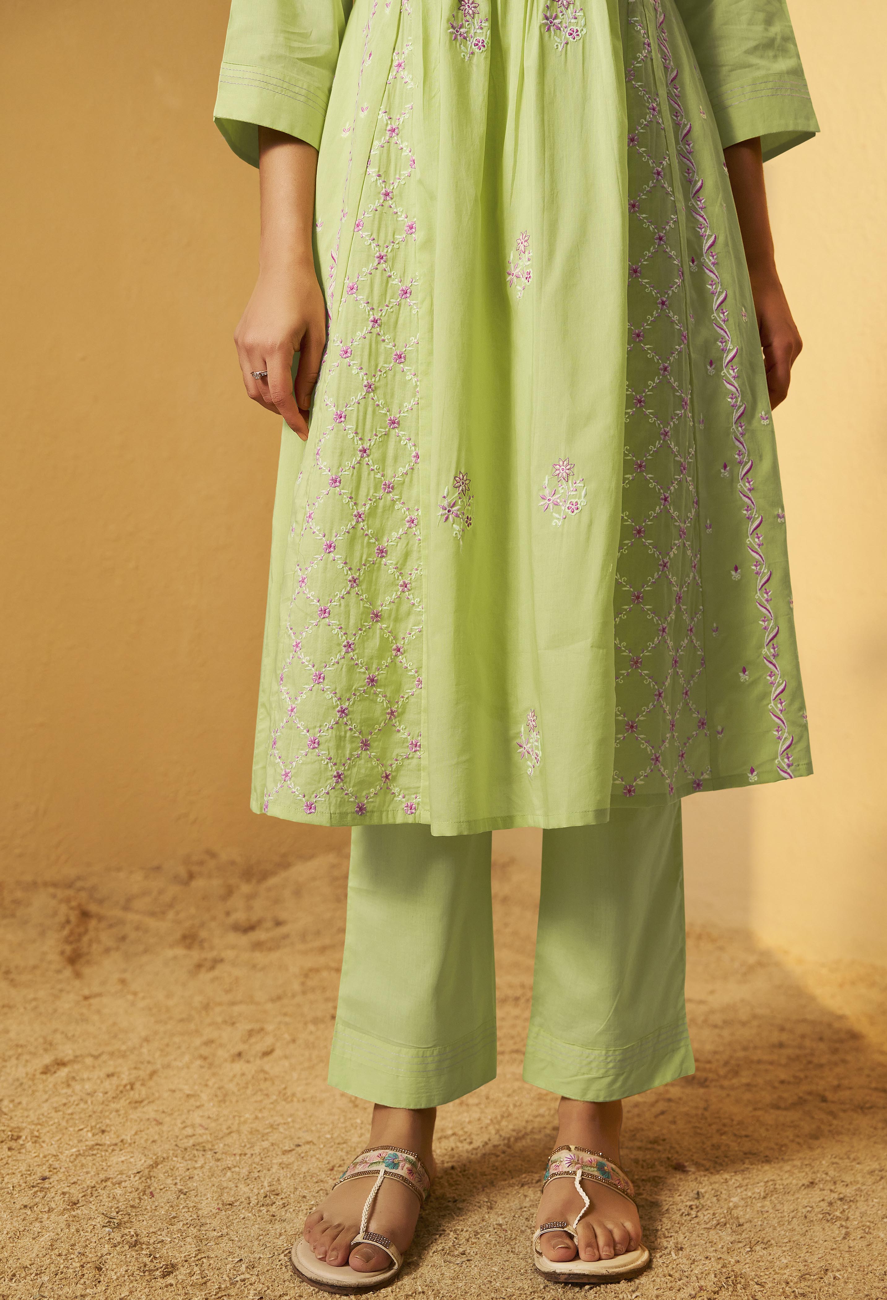 Lime Green A-Line Pure Cotton Embroidery Kurta Set