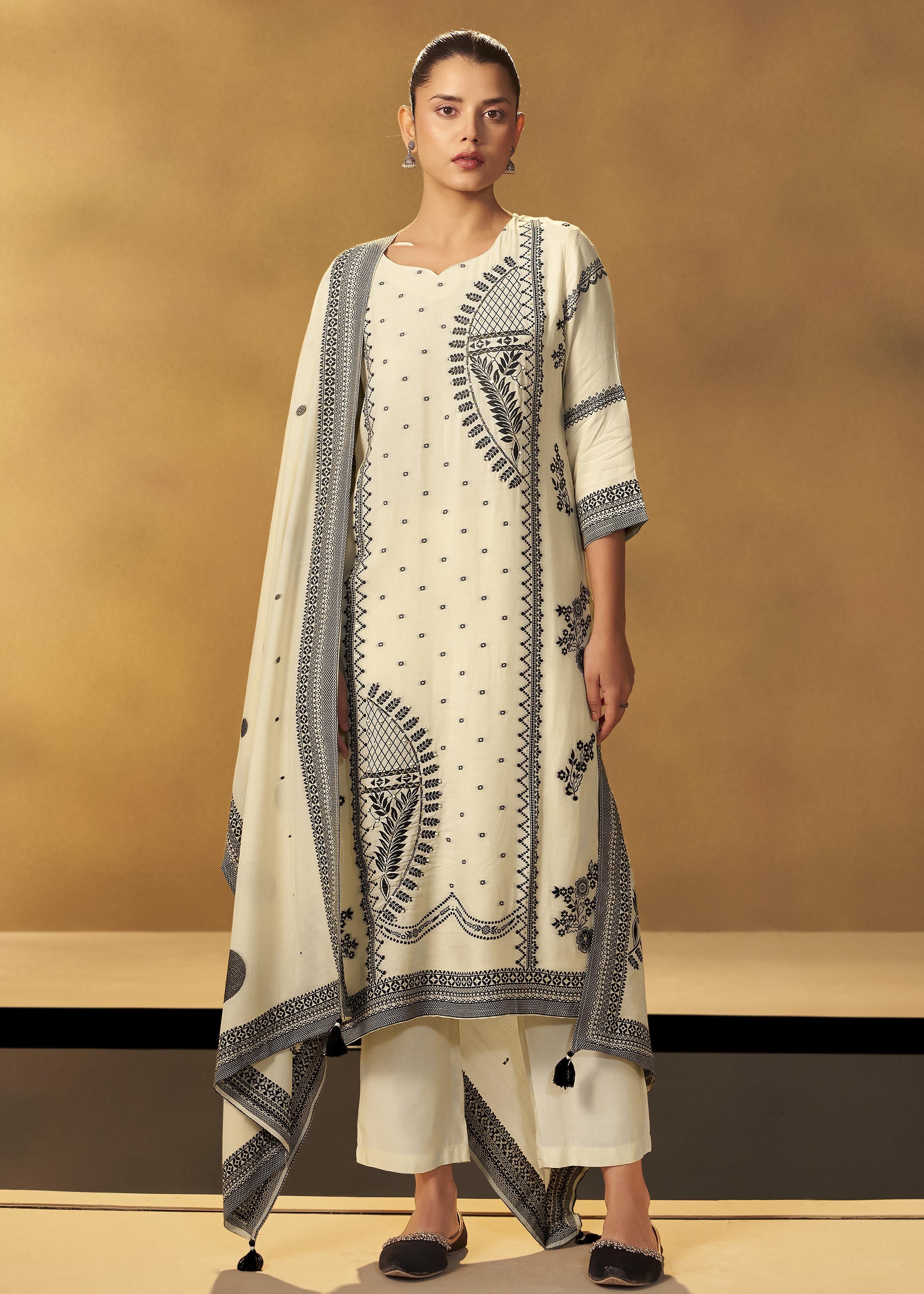 Ivory Cream Muslin Black Jacquard Kurta Set