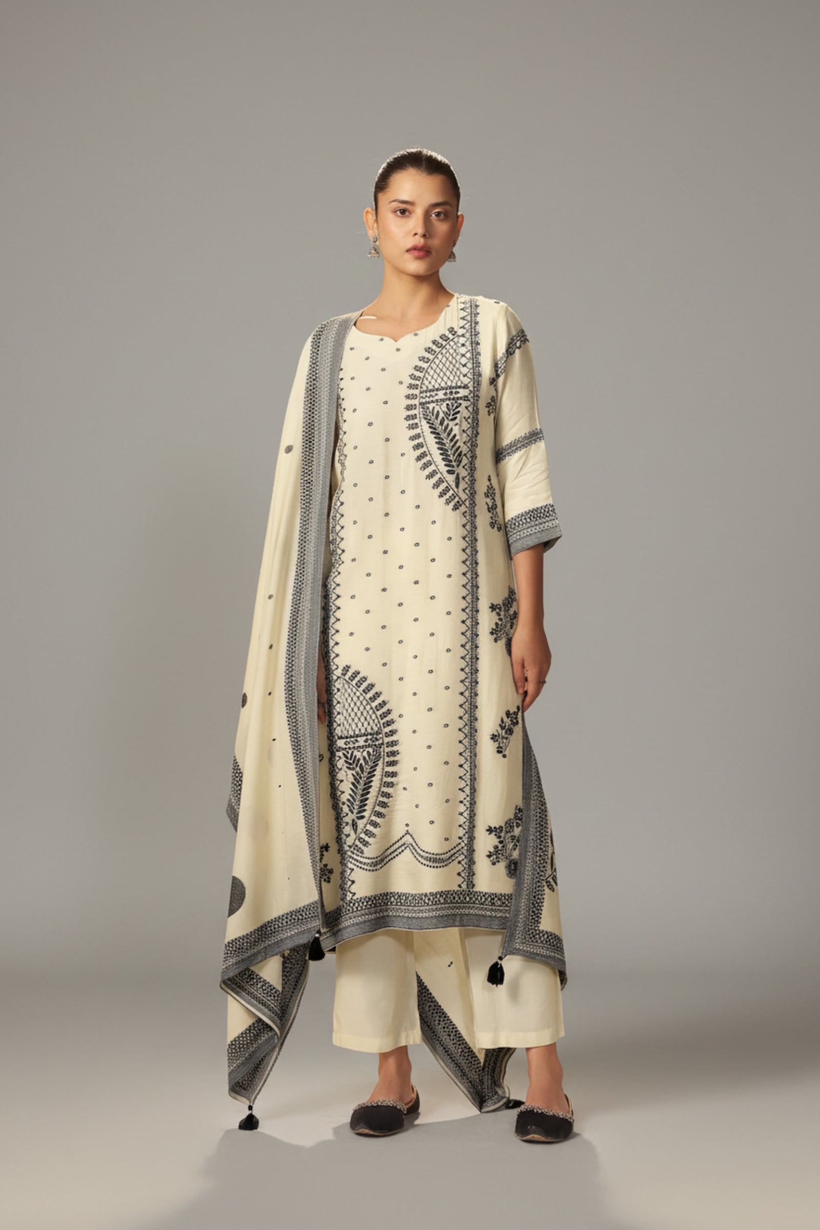 Ivory Cream Muslin Black Jacquard Kurta Set