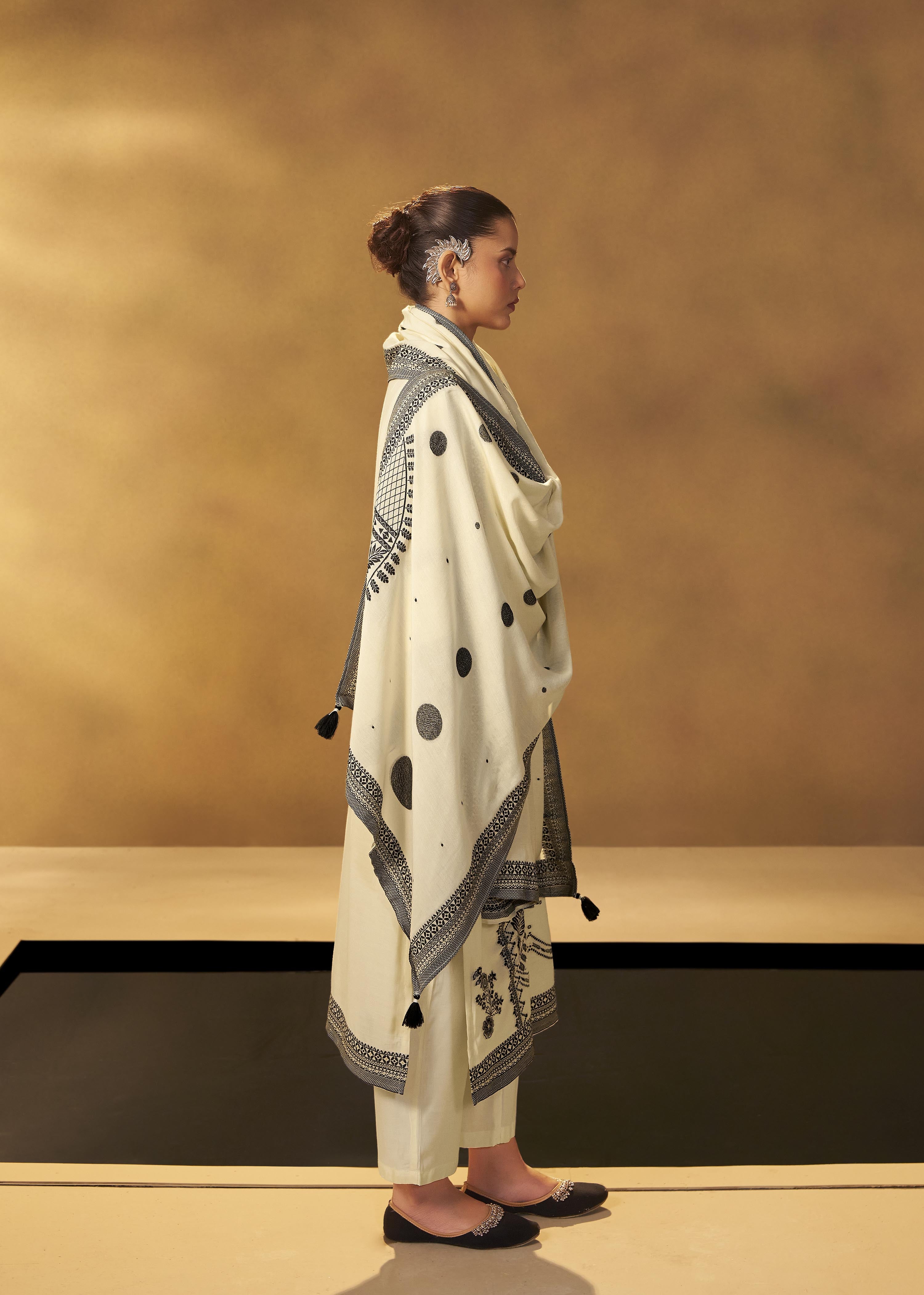 Ivory Cream Muslin Black Jacquard Kurta Set