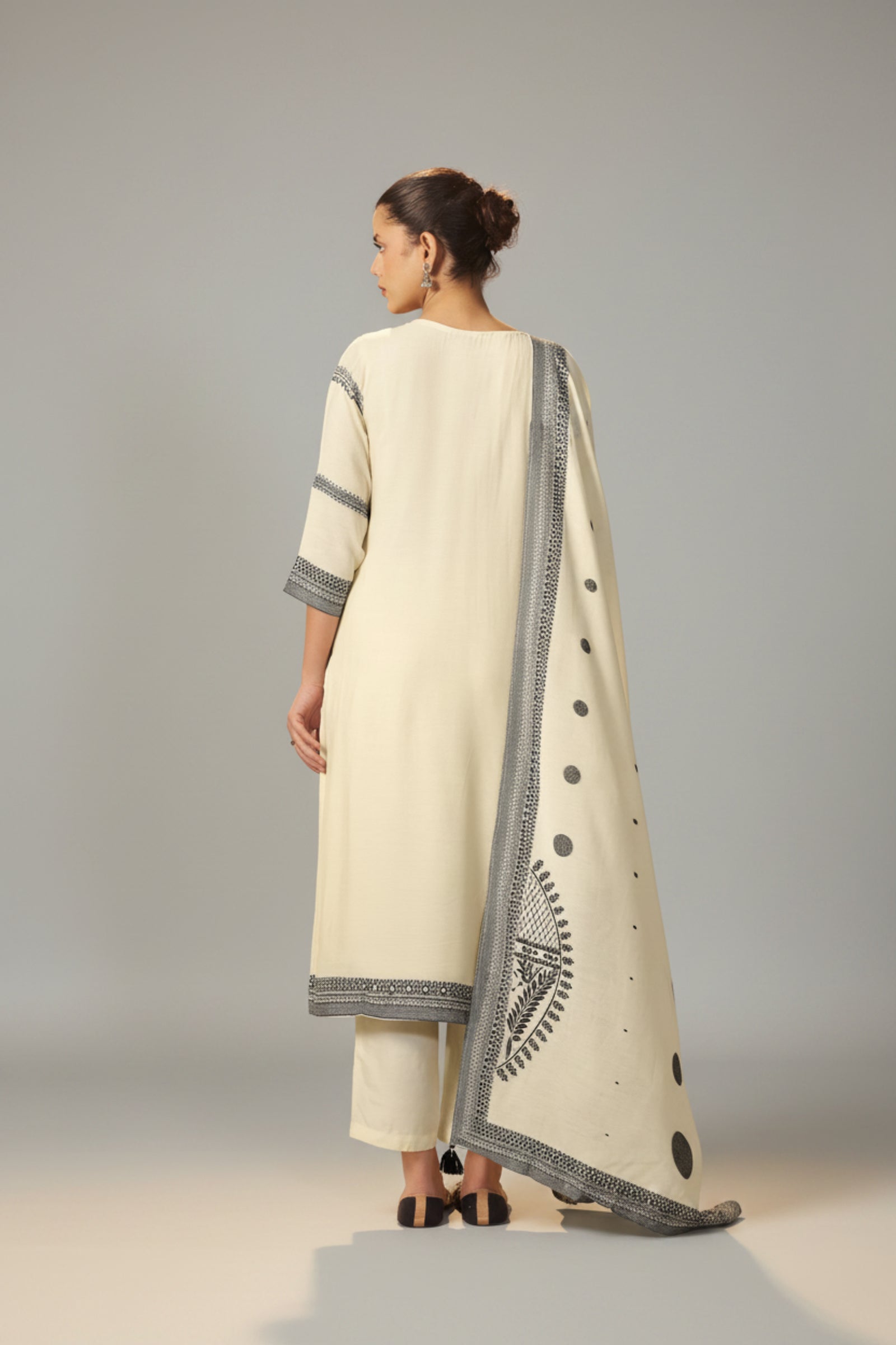 Ivory Cream Muslin Black Jacquard Kurta Set