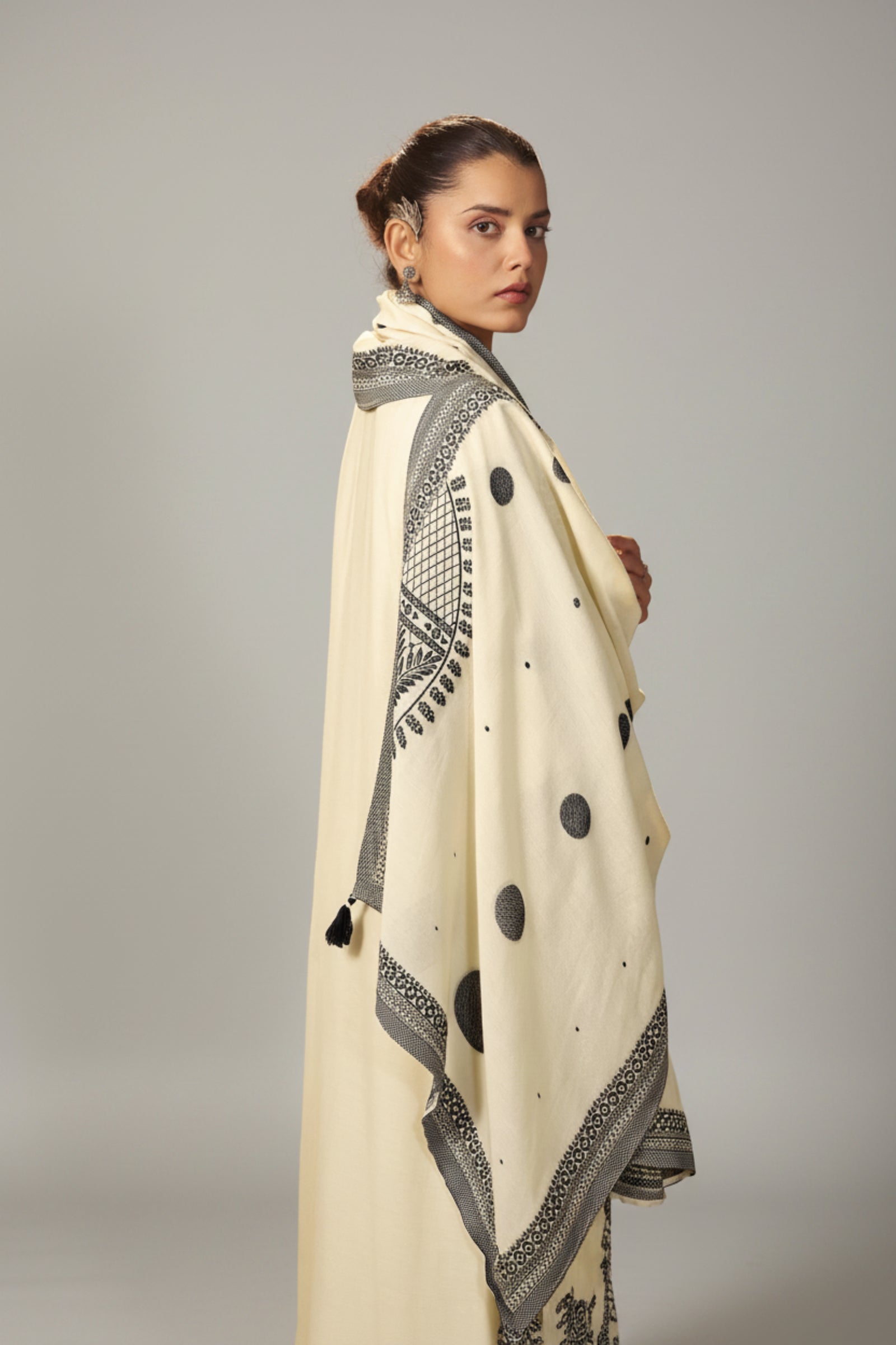 Ivory Cream Muslin Black Jacquard Kurta Set