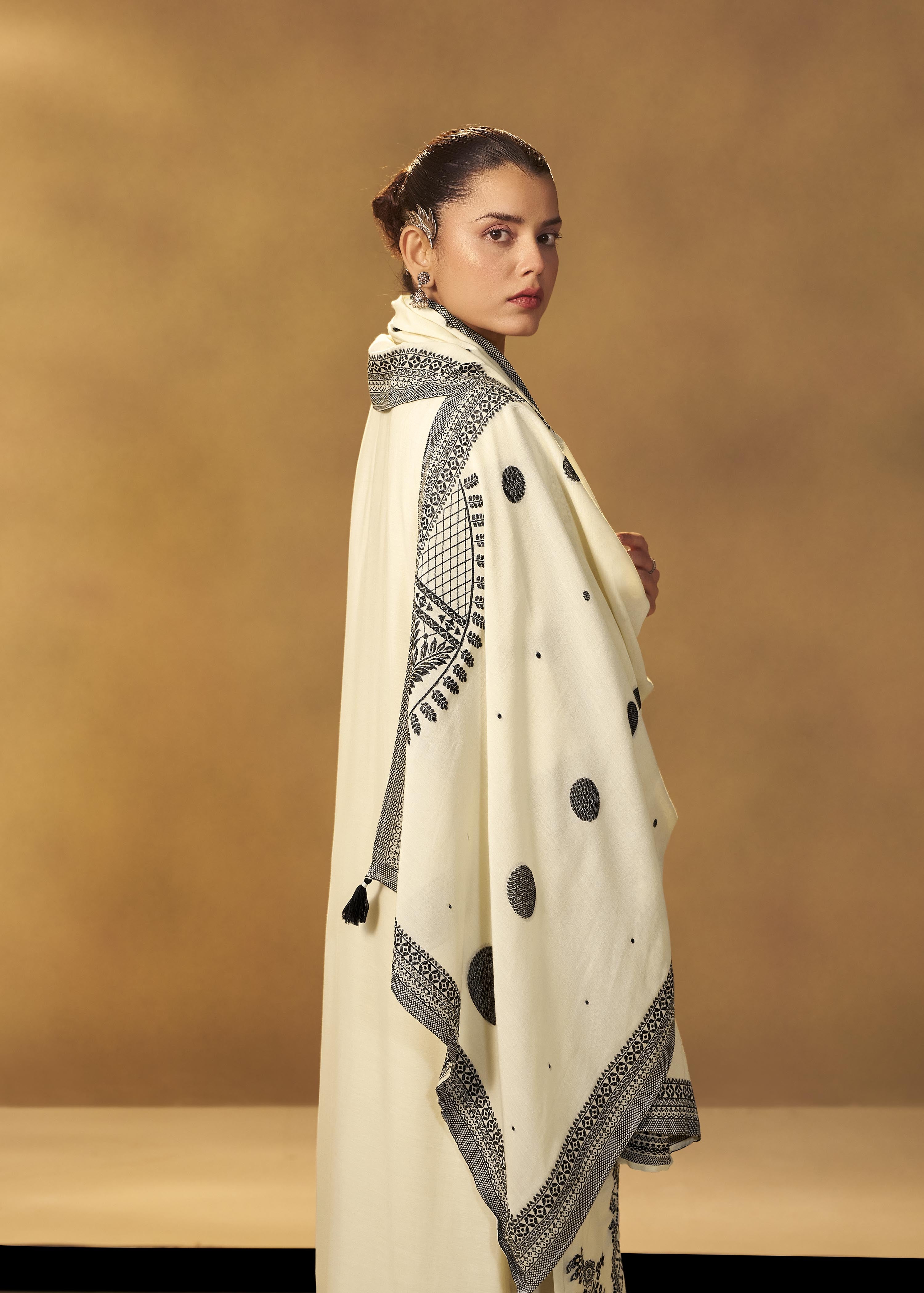 Ivory Cream Muslin Black Jacquard Kurta Set