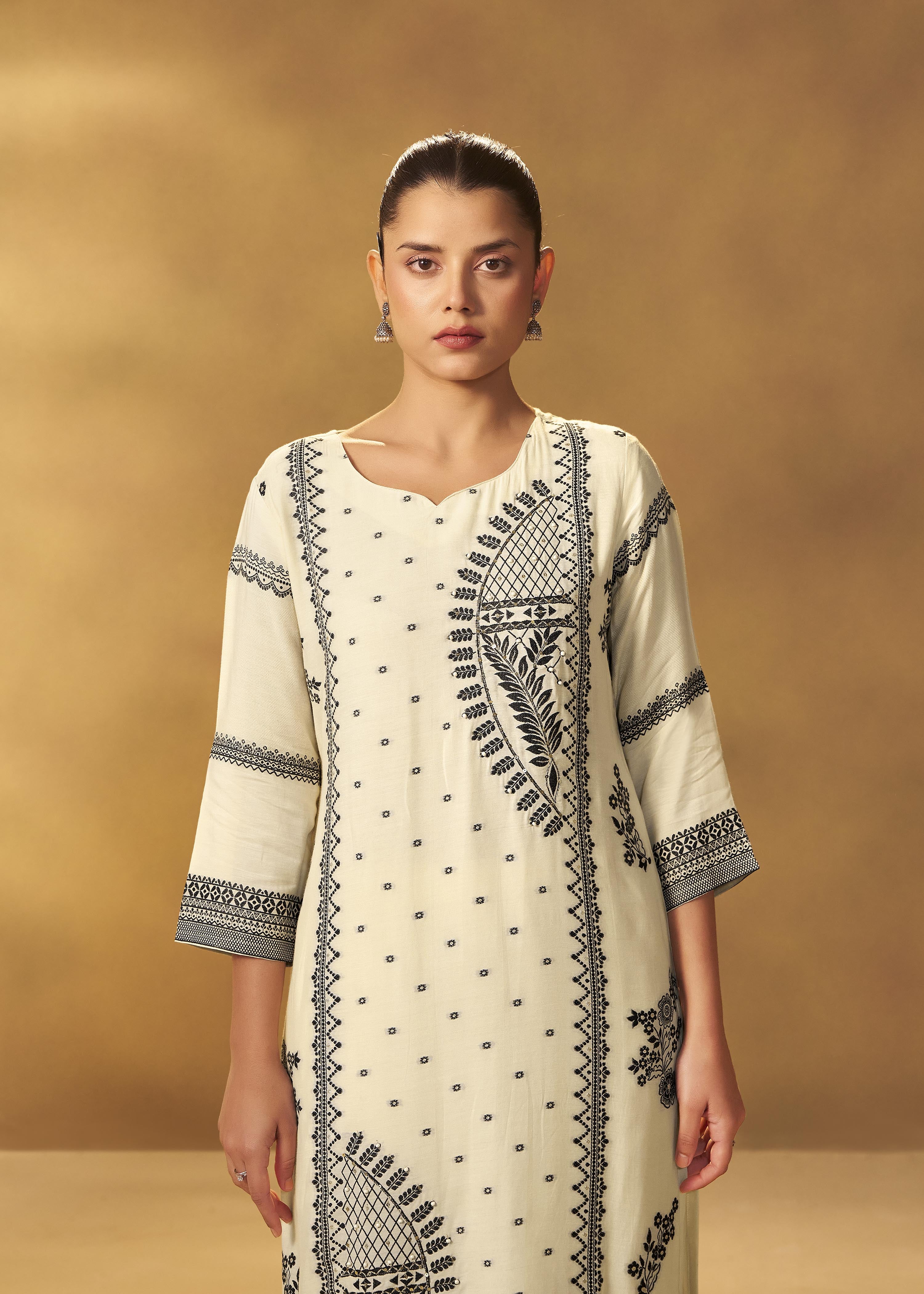 Ivory Cream Muslin Black Jacquard Kurta Set