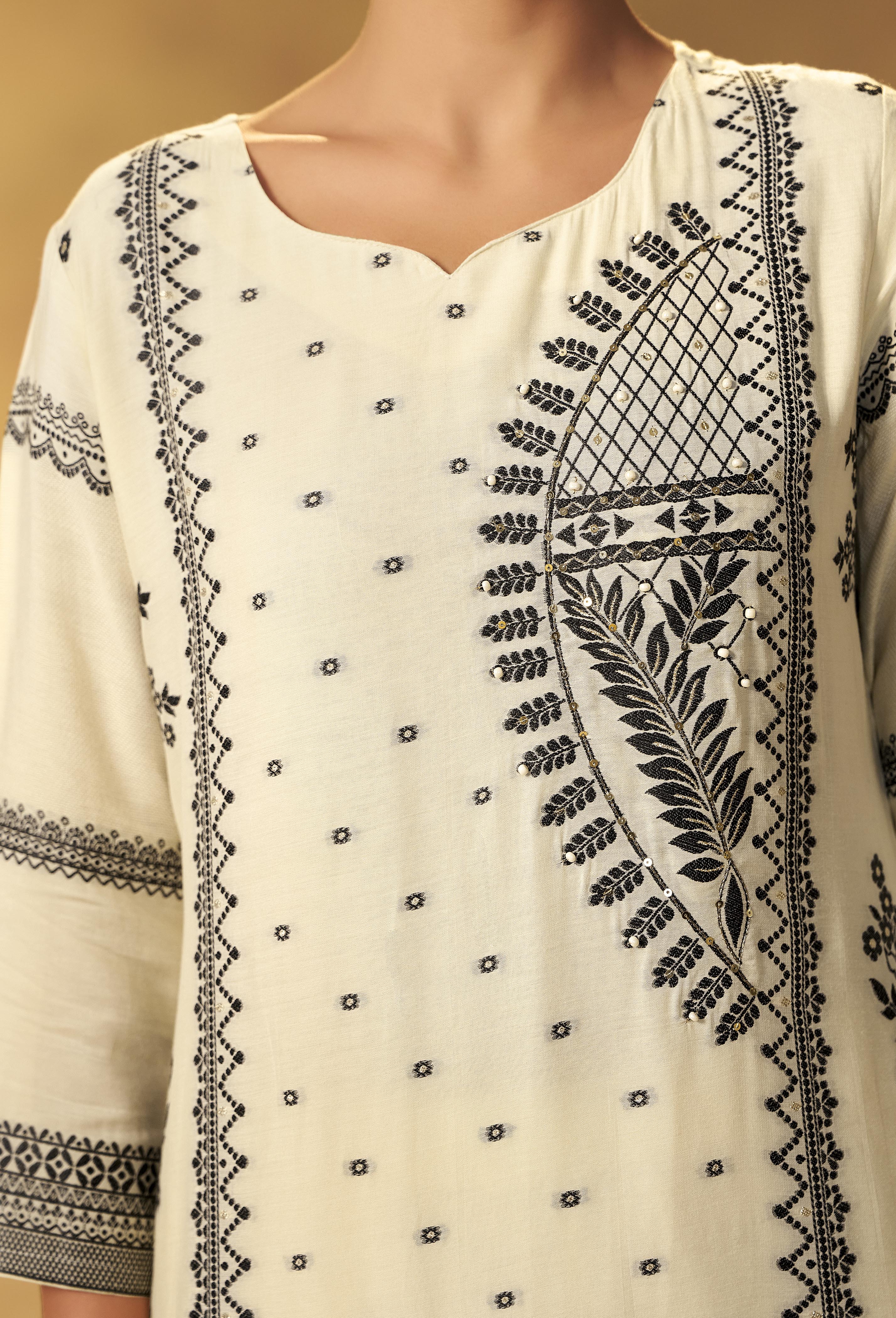 Ivory Cream Muslin Black Jacquard Kurta Set