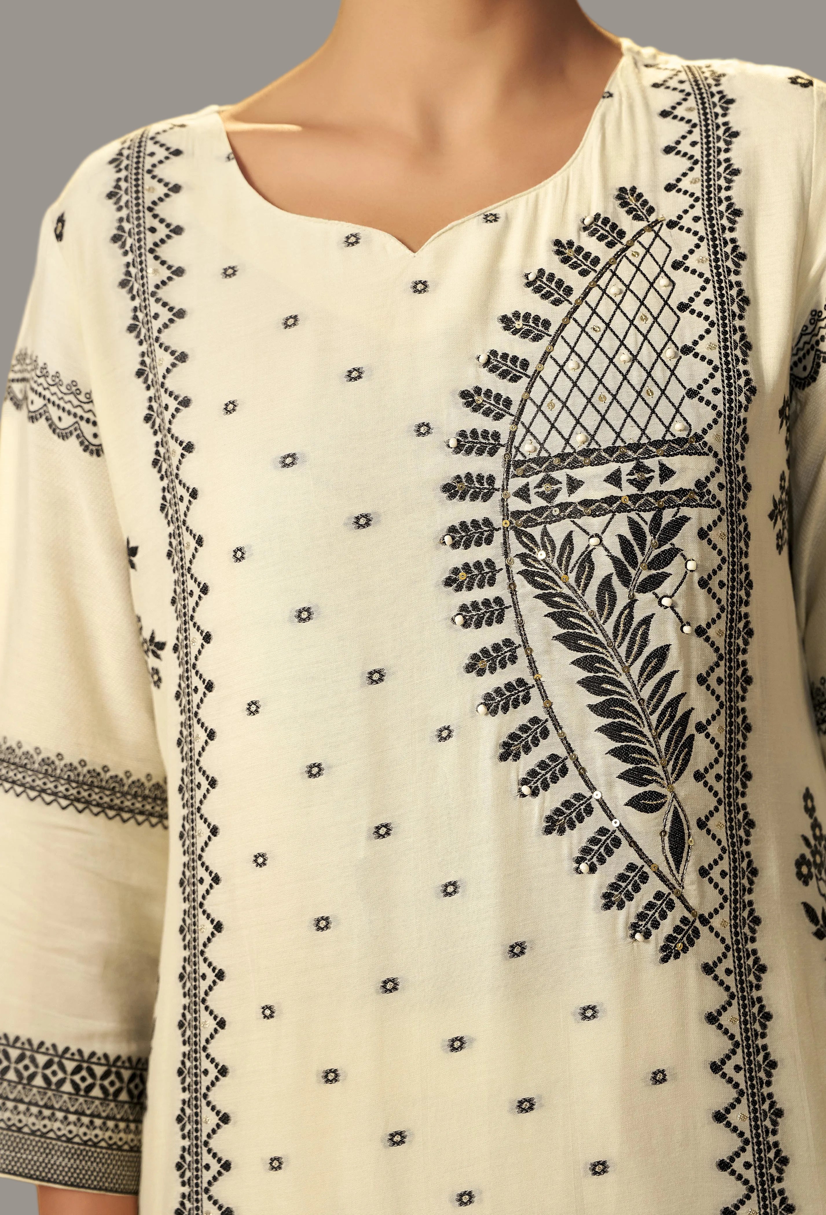 Ivory Cream Muslin Black Jacquard Kurta Set