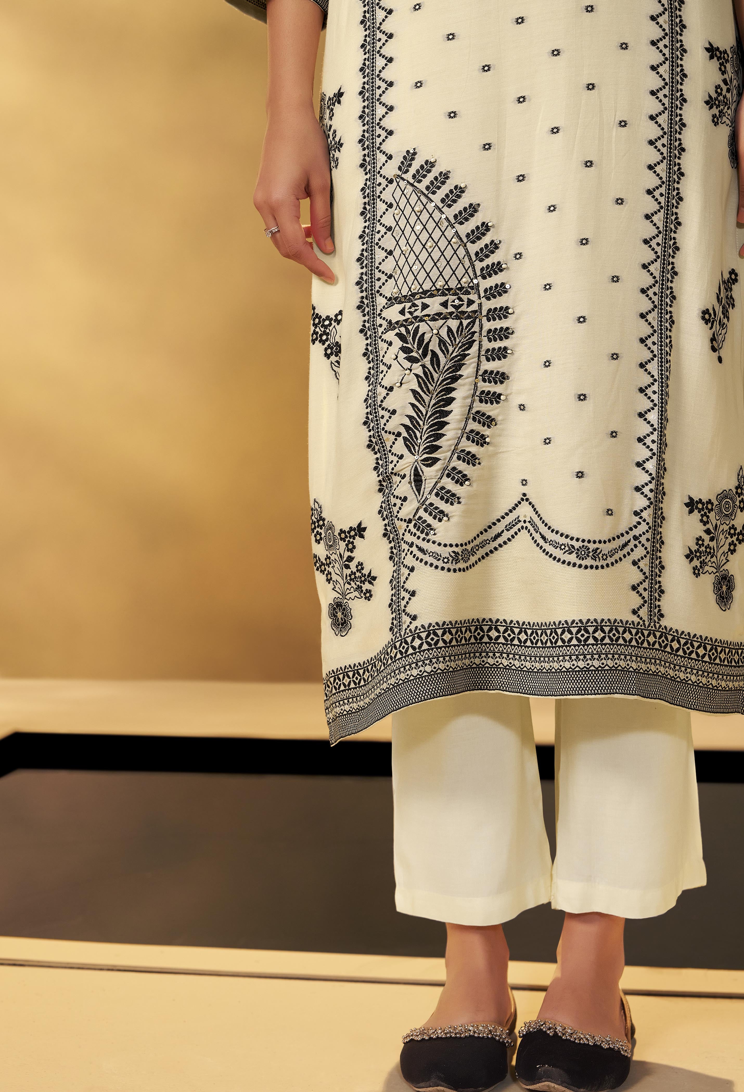 Ivory Cream Muslin Black Jacquard Kurta Set