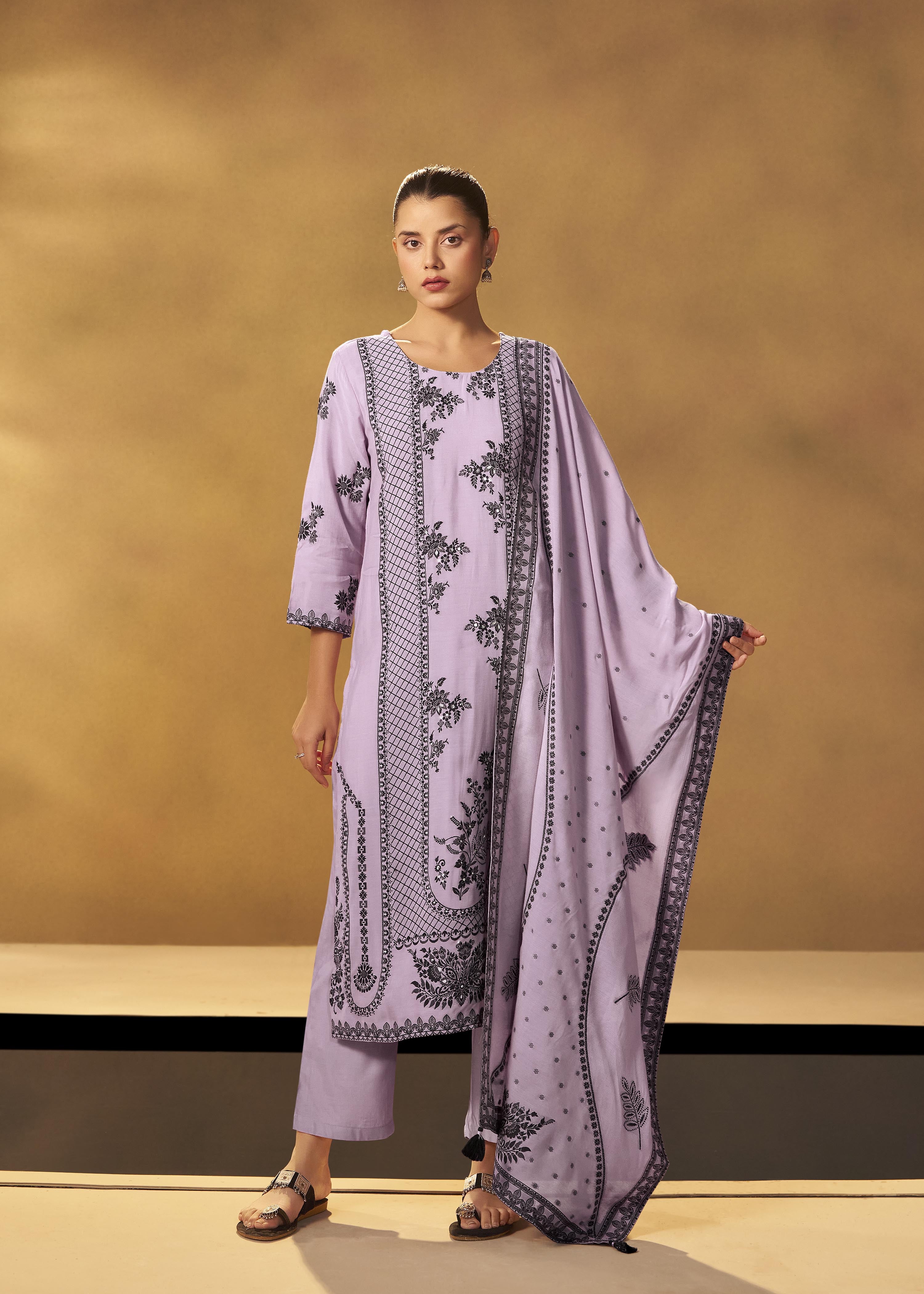Wisteria Lavender Muslin Black Jacquard Kurta Set