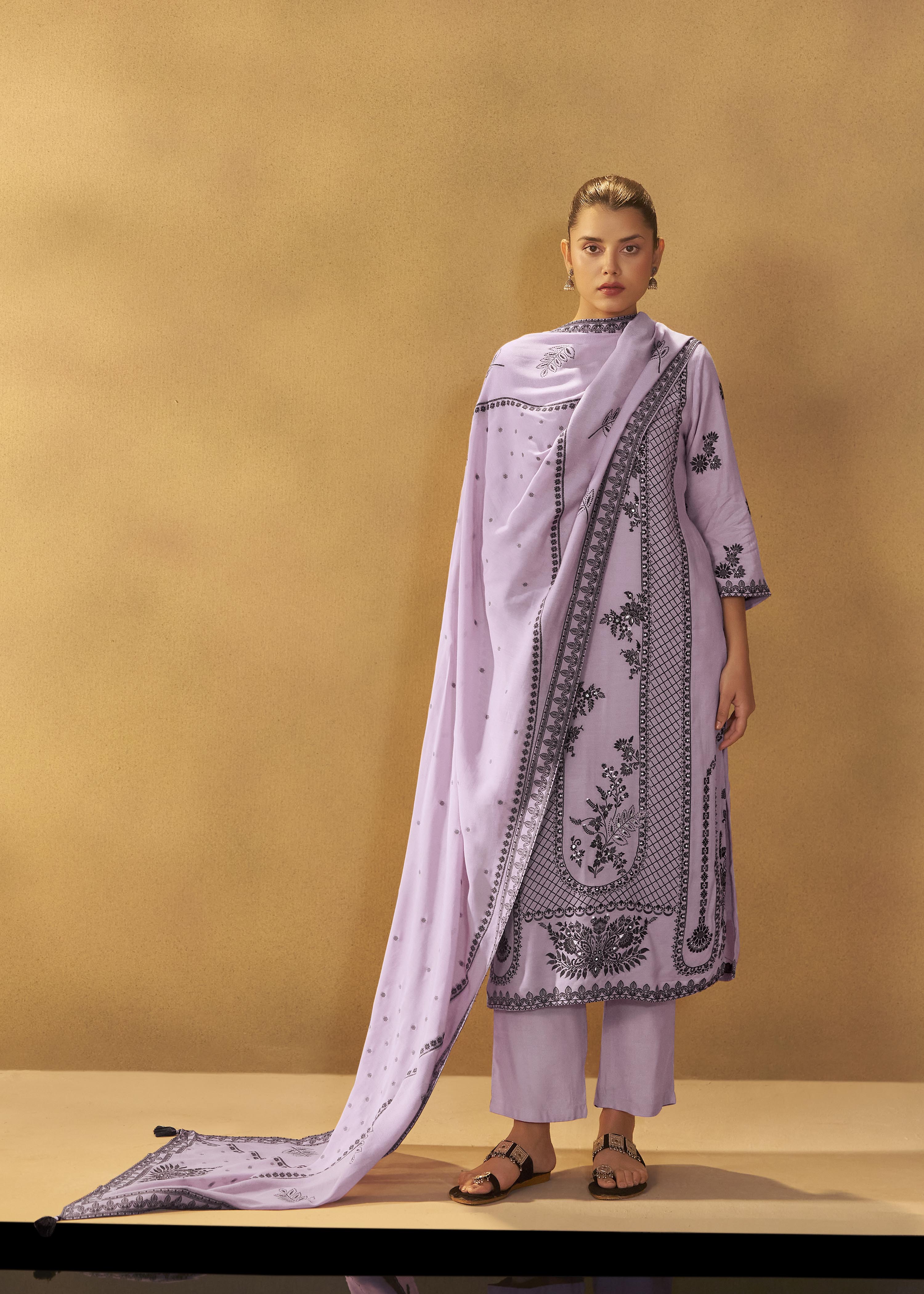 Wisteria Lavender Muslin Black Jacquard Kurta Set