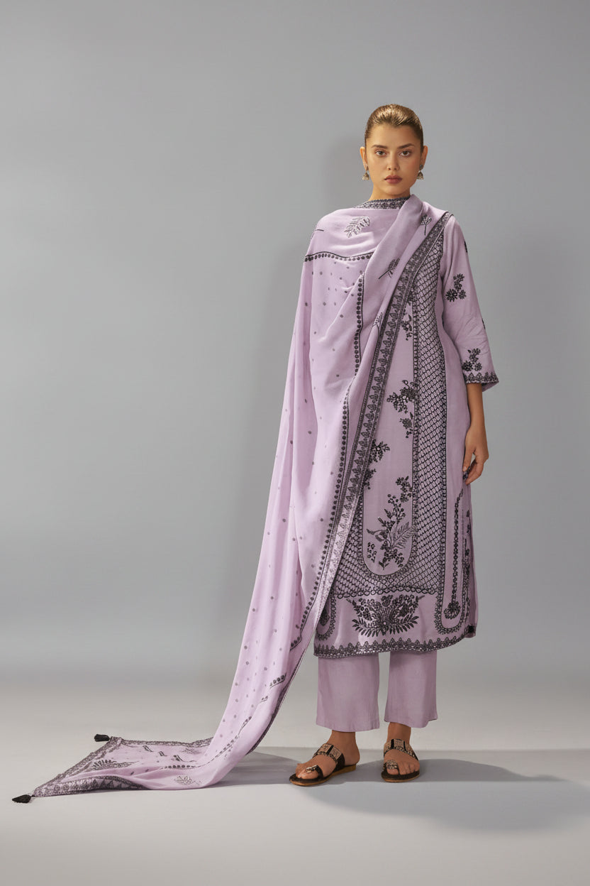 Wisteria Lavender Muslin Black Jacquard Kurta Set