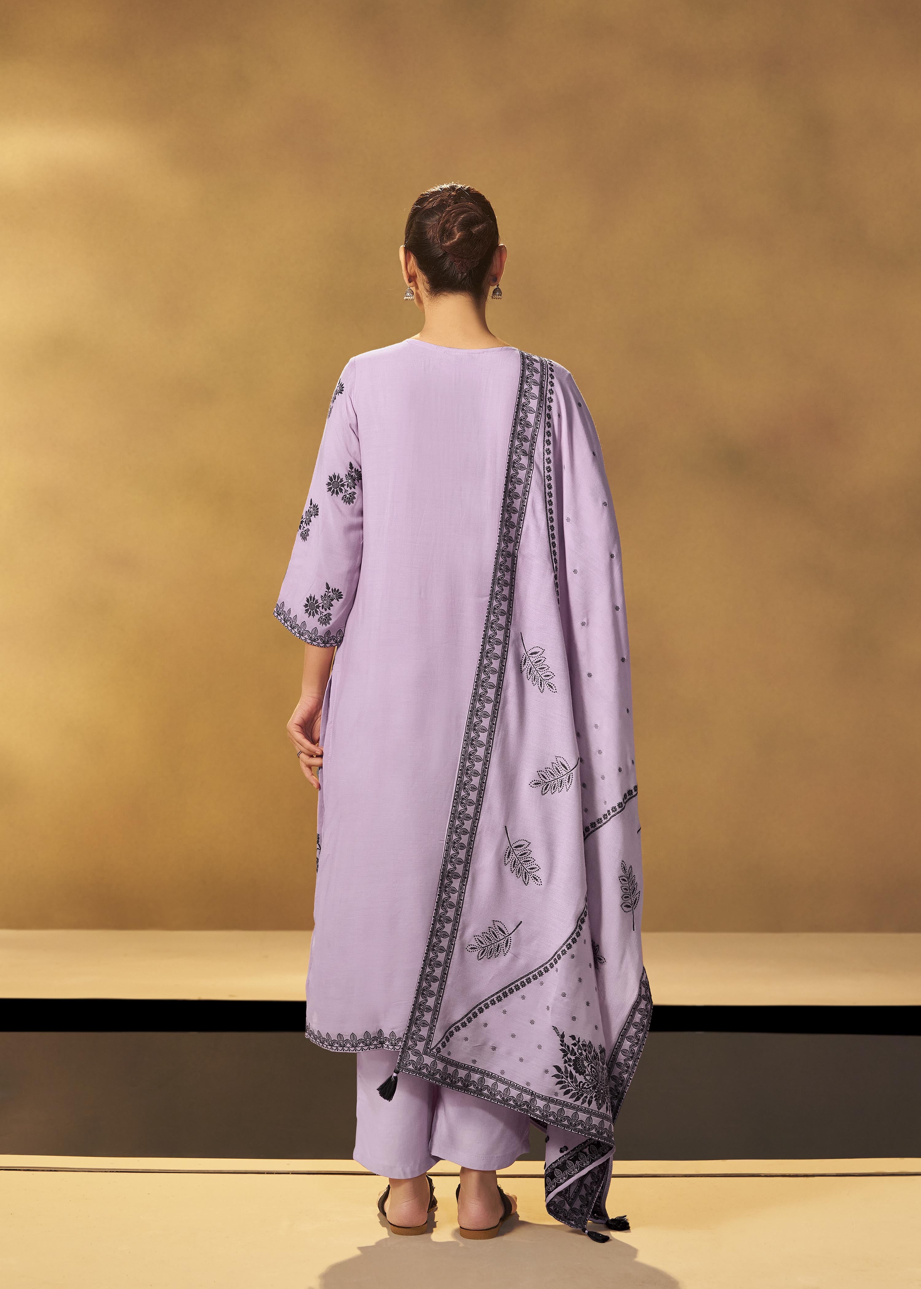 Wisteria Lavender Muslin Black Jacquard Kurta Set