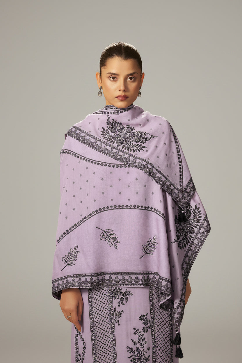 Wisteria Lavender Muslin Black Jacquard Kurta Set