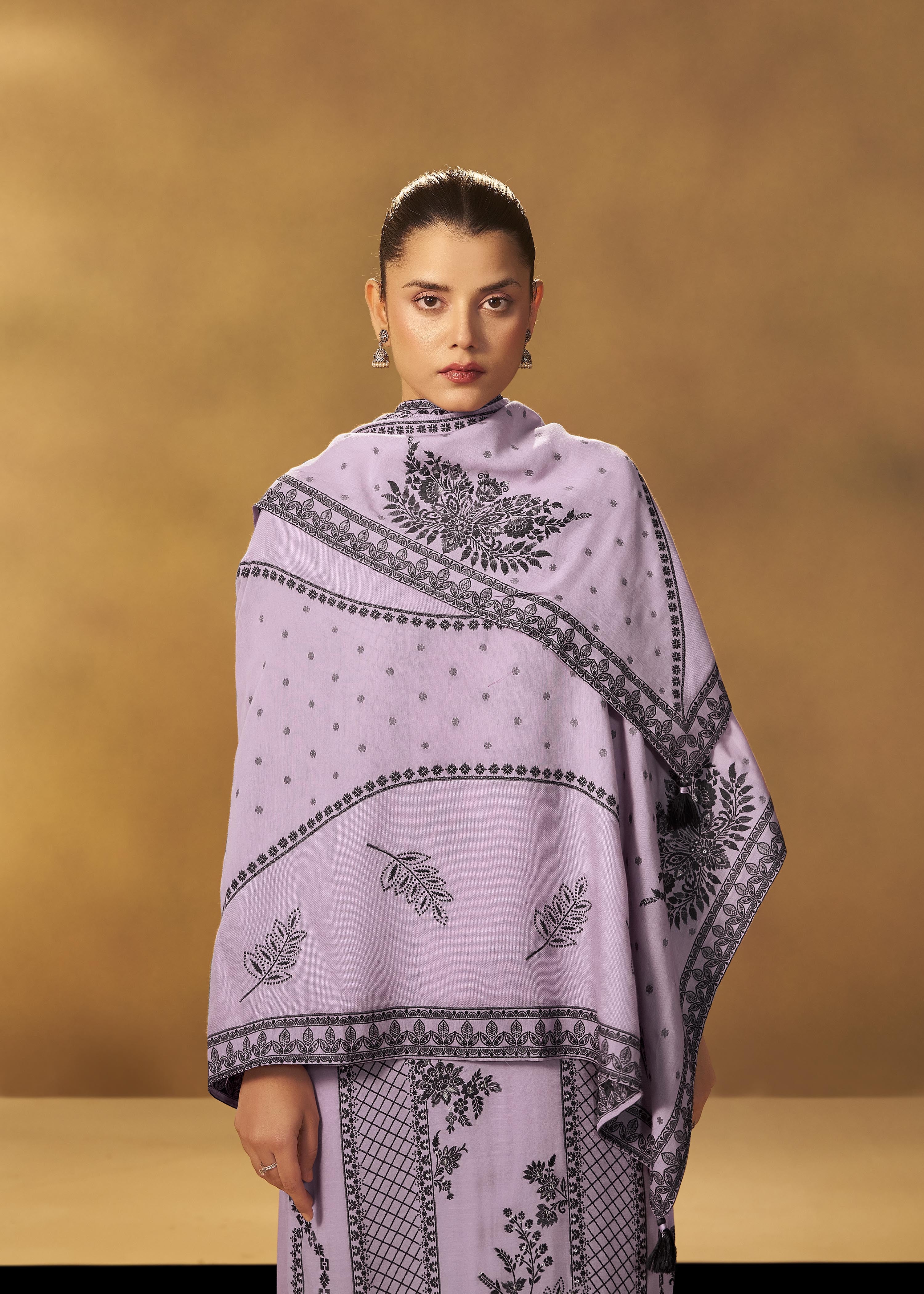 Wisteria Lavender Muslin Black Jacquard Kurta Set