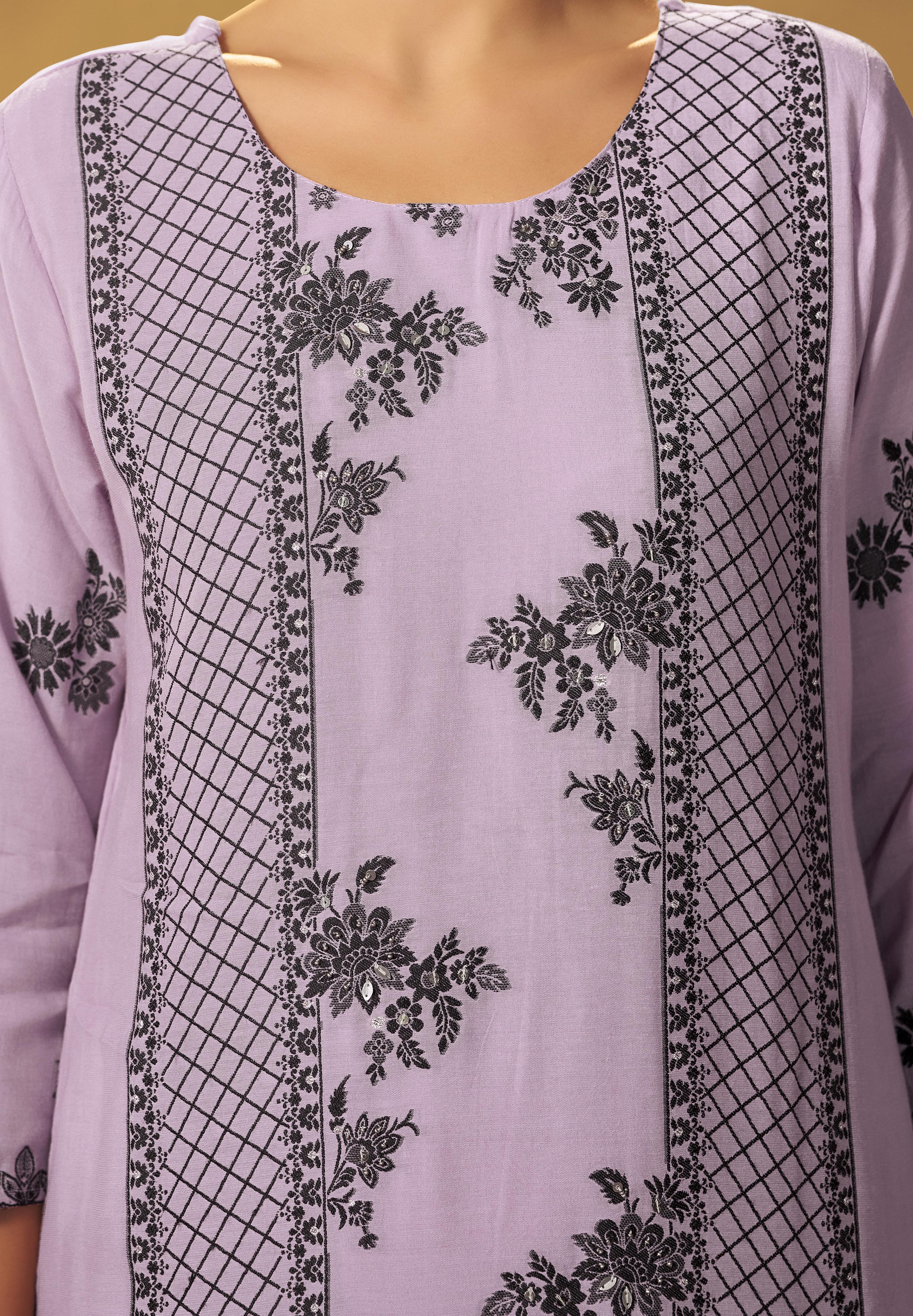 Wisteria Lavender Muslin Black Jacquard Kurta Set