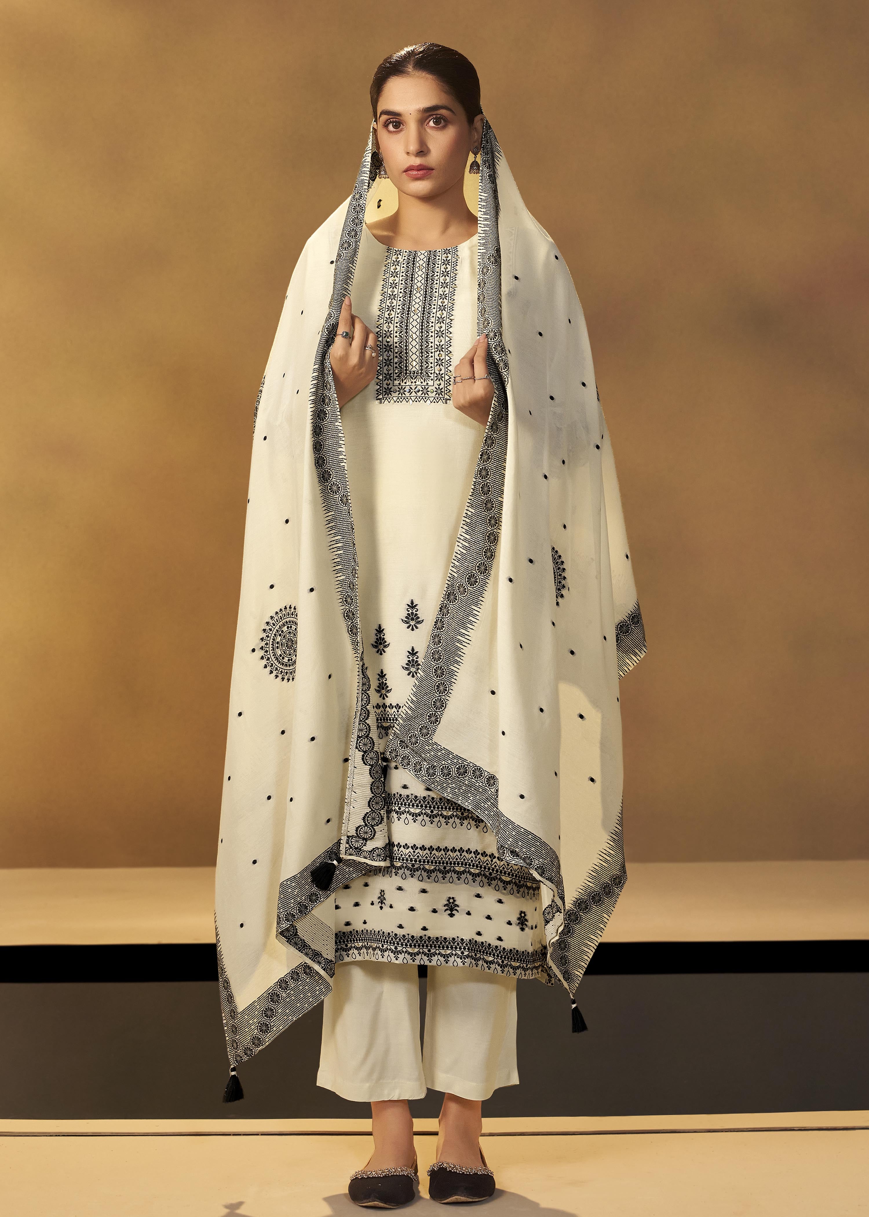 Butter Cream Muslin Black Jacquard Kurta Set