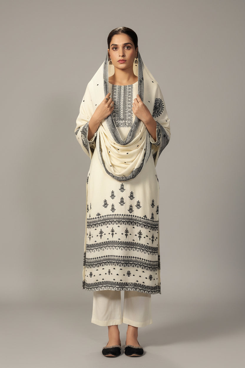 Butter Cream Muslin Black Jacquard Kurta Set