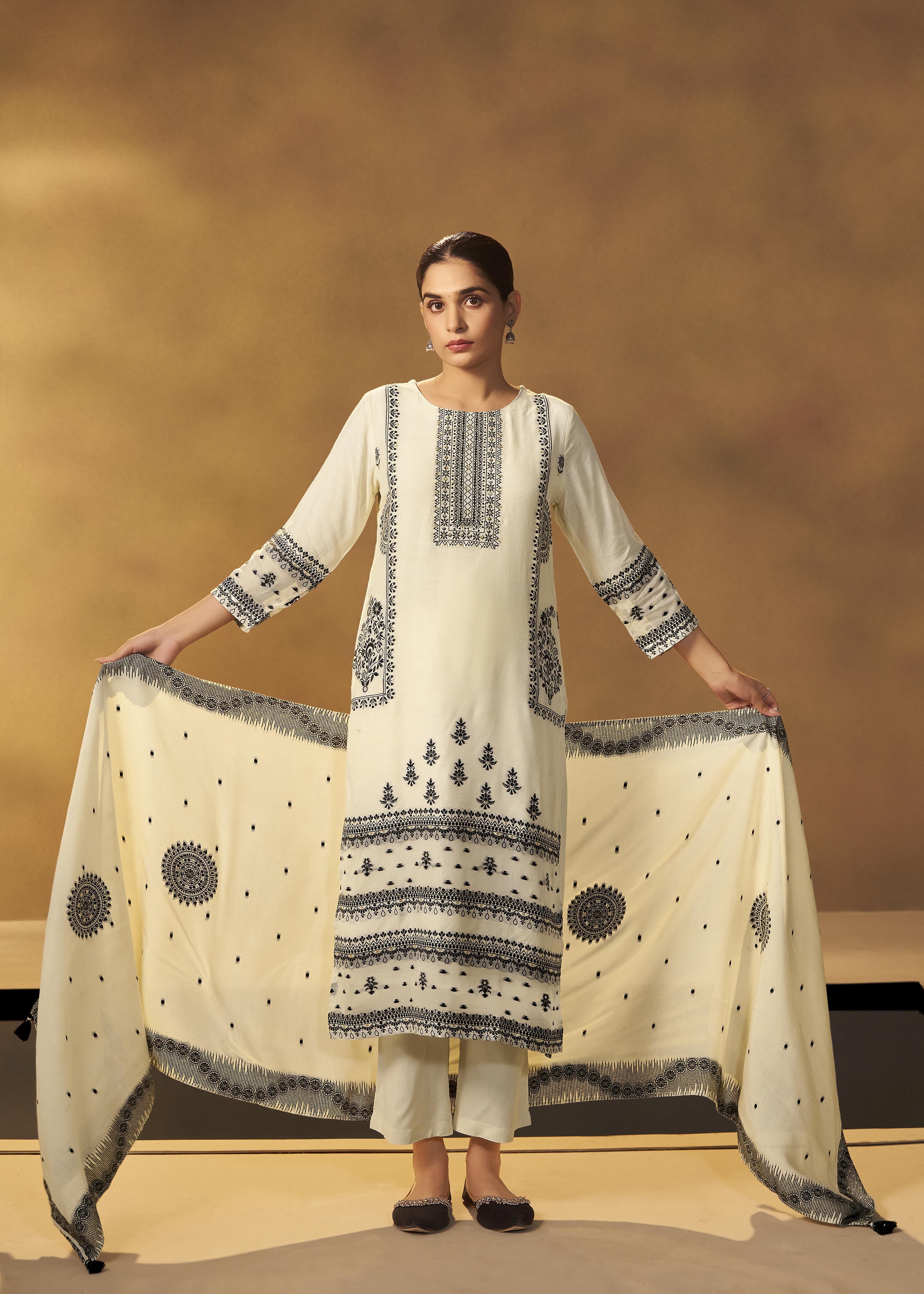 Butter Cream Muslin Black Jacquard Kurta Set