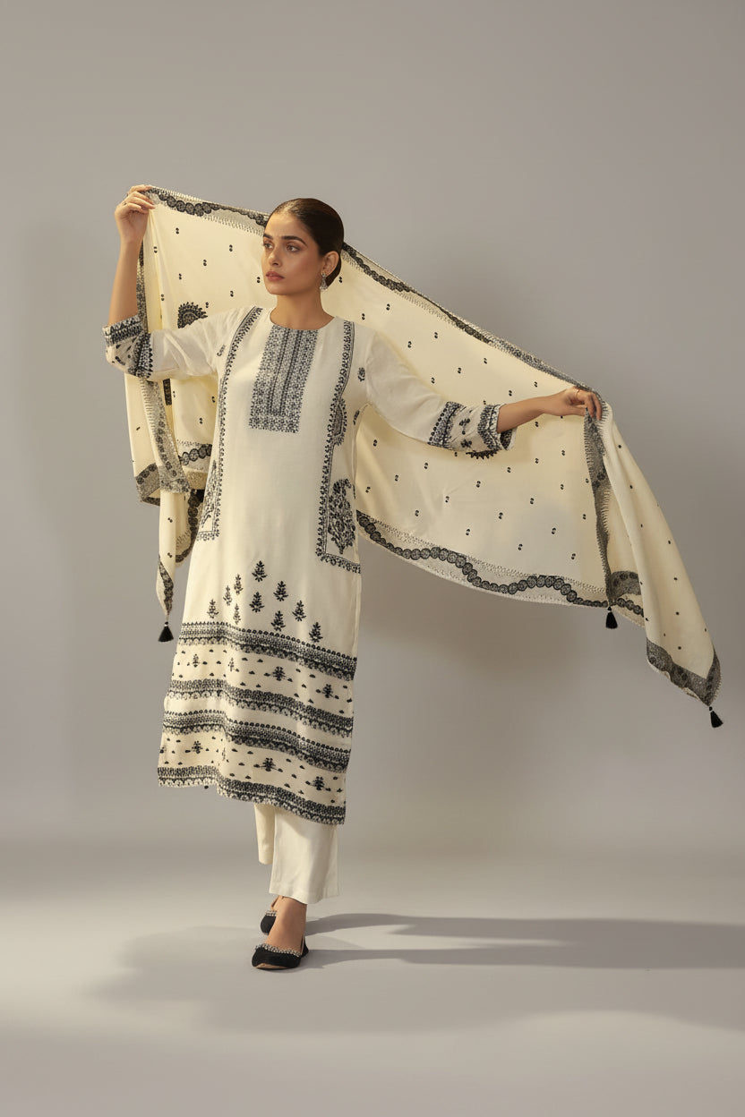 Butter Cream Muslin Black Jacquard Kurta Set