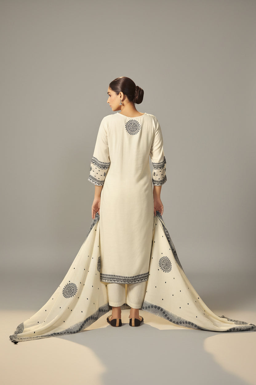 Butter Cream Muslin Black Jacquard Kurta Set