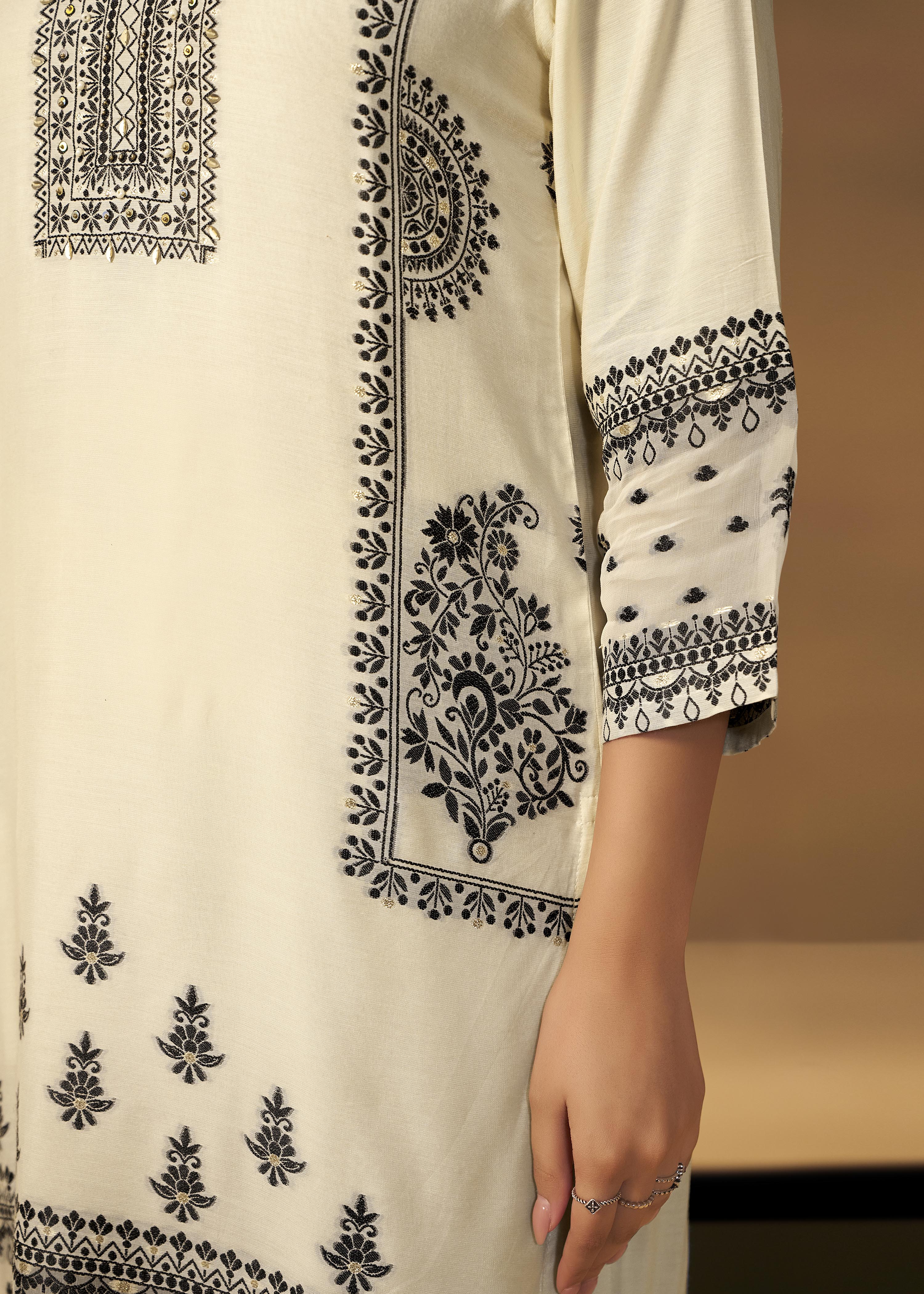 Butter Cream Muslin Black Jacquard Kurta Set