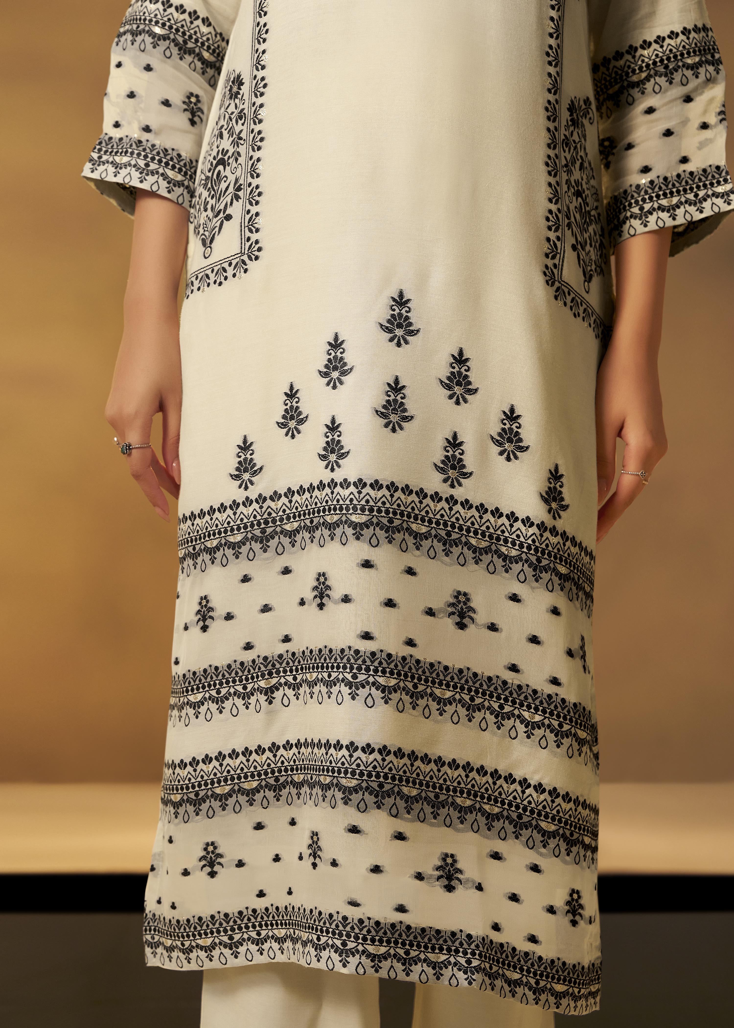 Butter Cream Muslin Black Jacquard Kurta Set