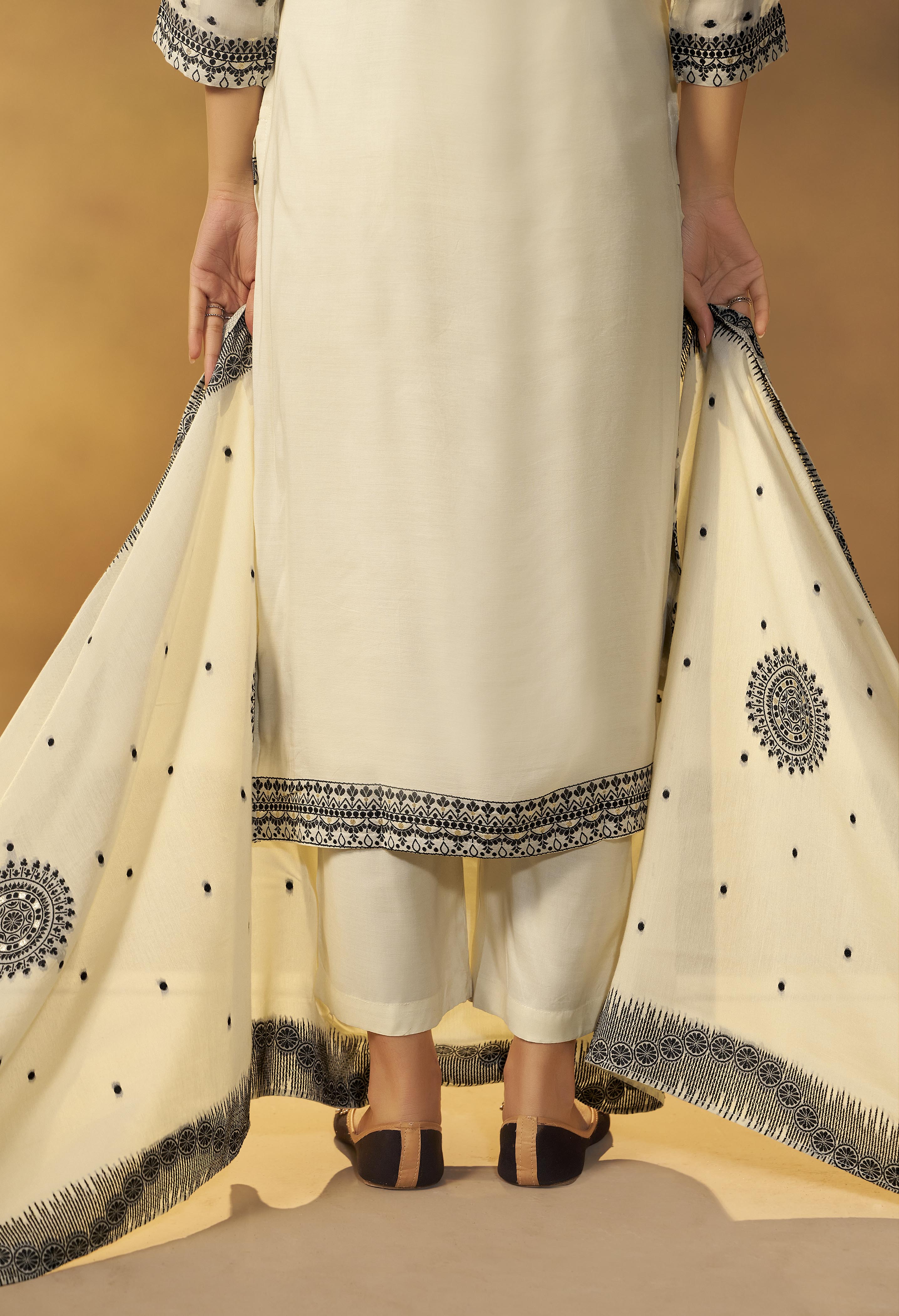 Butter Cream Muslin Black Jacquard Kurta Set