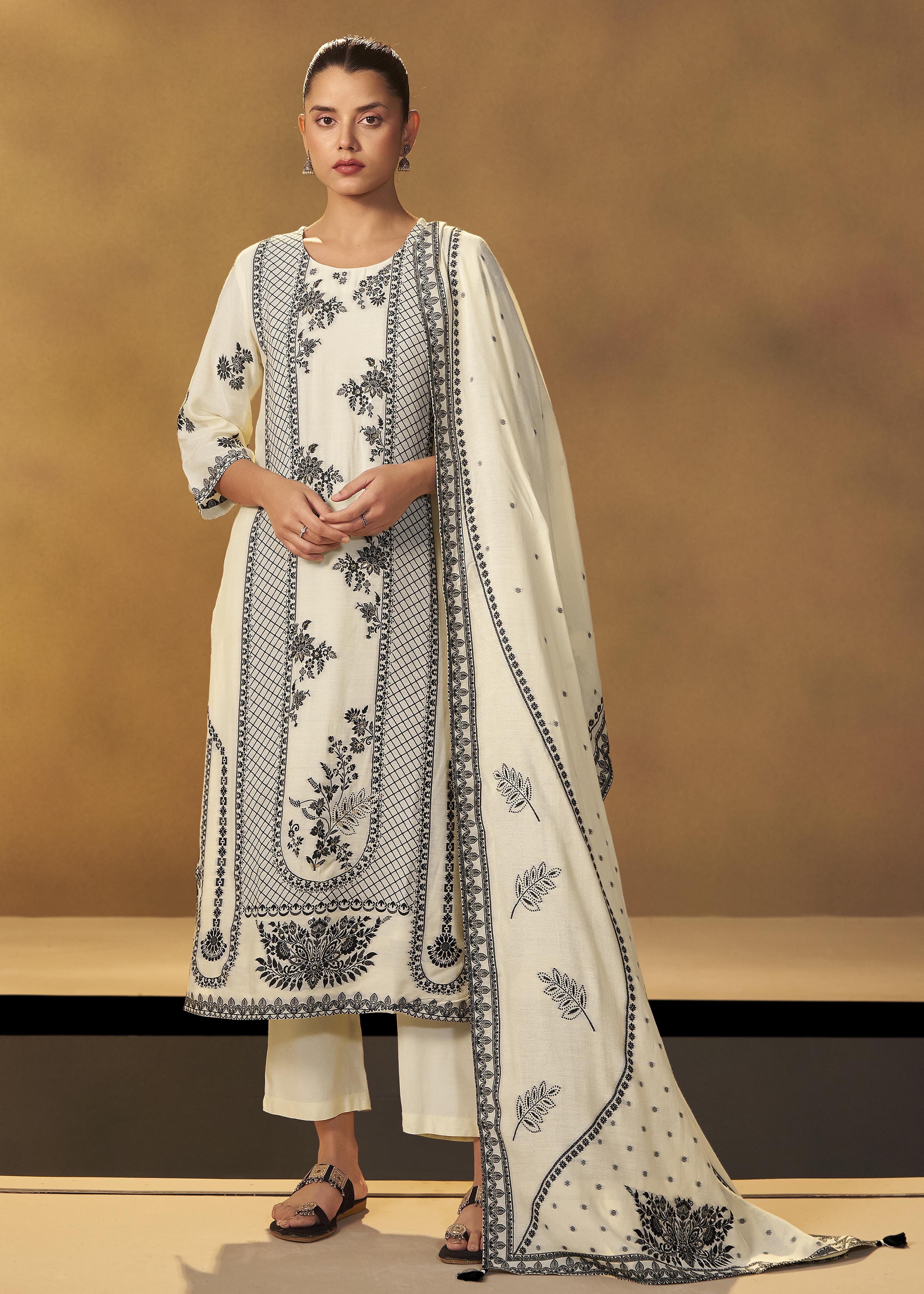 Neutral Cream Muslin Black Jacquard Kurta Set